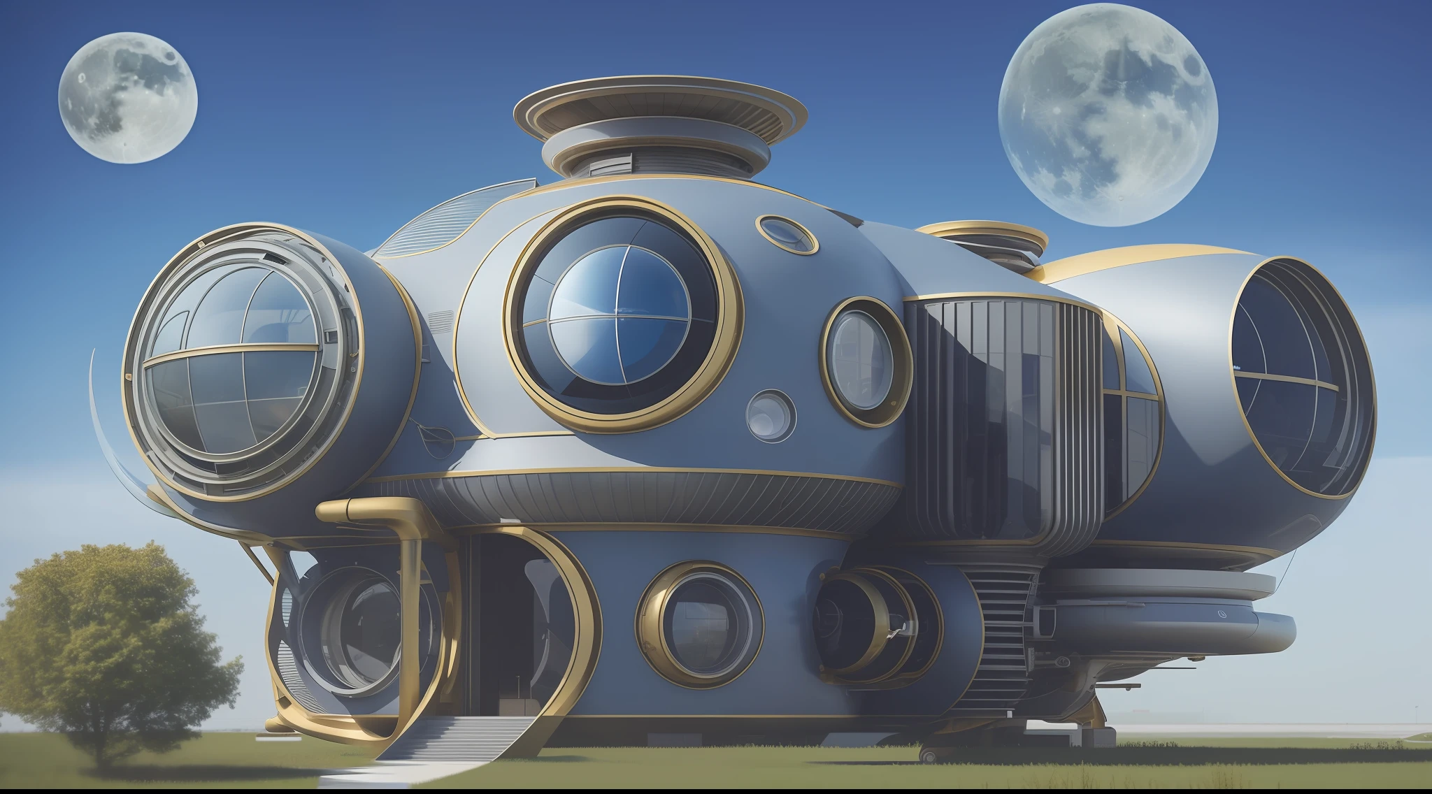 an extremely complex futuristic and advanced steampunk house, a flying vehicle in the garage, sci fi, lots of technology on the walls of the house, Airlock, decoration technology, (Siliconpunk:1) normal small houses next door, blue lawn, 2 sun in the sky, 2 moon in the sky, 200mm lens, high quality, high definition, uhd,