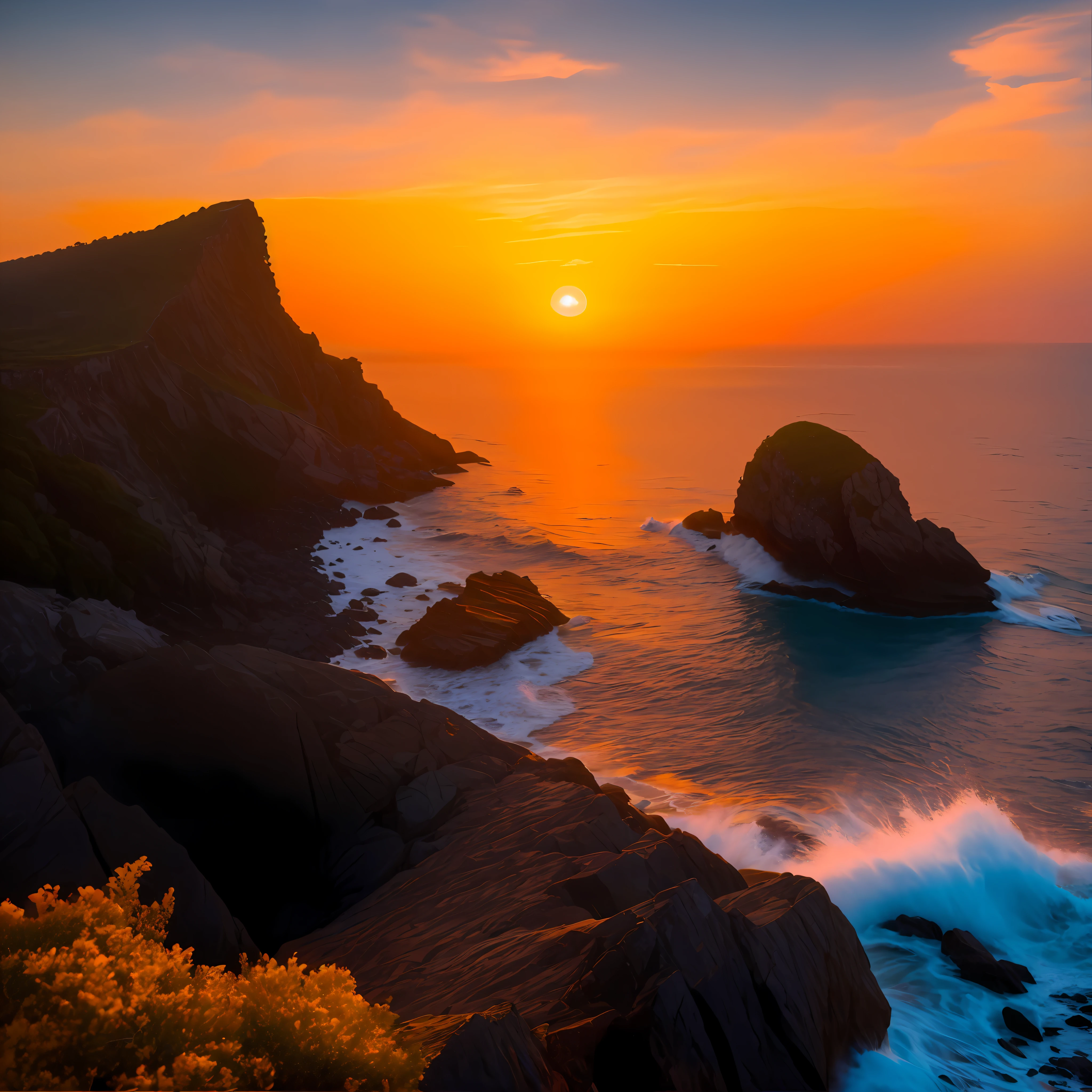sunset over the ocean with a rocky shoreline and a body of water, cliffside, by Alexander Kucharsky, beautiful sea landscapes, sunset glow, sunset light, breathtaking landscape, nice sunset, stunning sunset, vibrant setting, mystical setting, the most beautiful sunset, sun set, by Bernardino Mei, sunrise light, breath taking, by Etienne Delessert, beautiful sunset