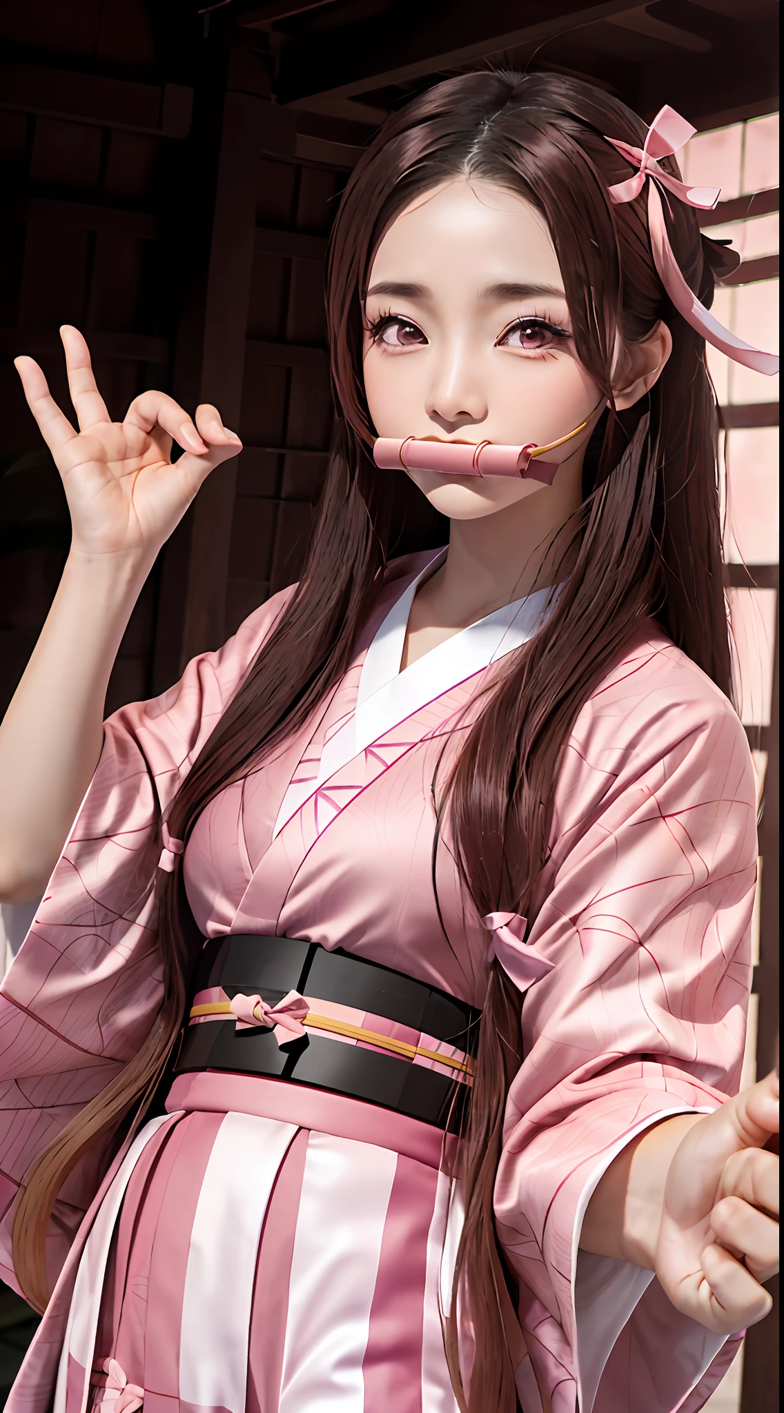 Masterpiece, best quality, high resolution, venus1,1girl, solo, Tsuko Kamato, bamboo, brown hair, (((pink ribbon)) checkered belt, gag, gag, gradient hair, haori, japanese clothes, kimono, long hair, looking at the audience, pink eyes, pink kimono, pink ribbon, solo,