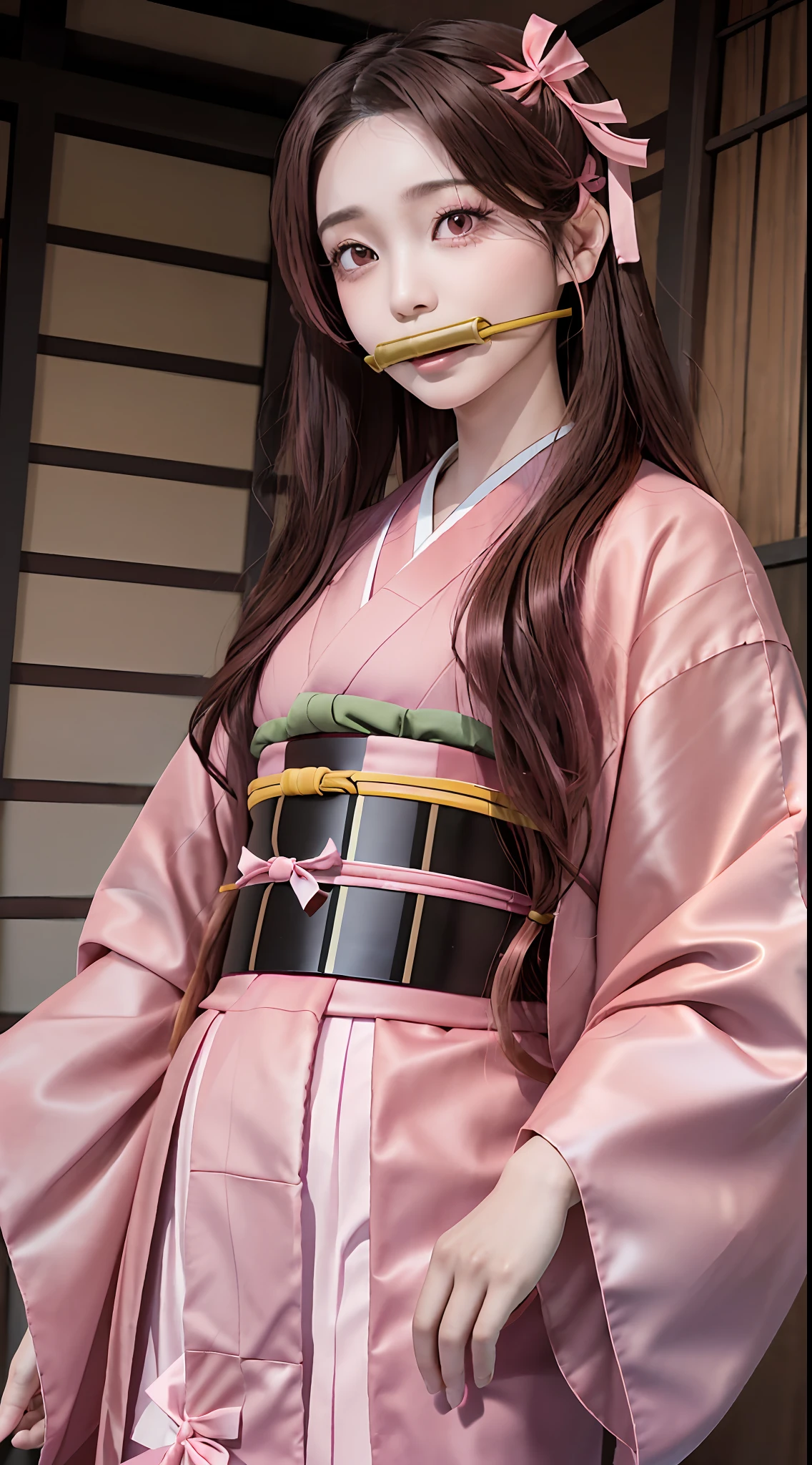 Masterpiece, best quality, high resolution, venus1,1girl, solo, Tsuko Kamato, bamboo, brown hair, (((pink ribbon)) checkered belt, gag, gag, gradient hair, haori, japanese clothes, kimono, long hair, looking at the audience, pink eyes, pink kimono, pink ribbon, solo,