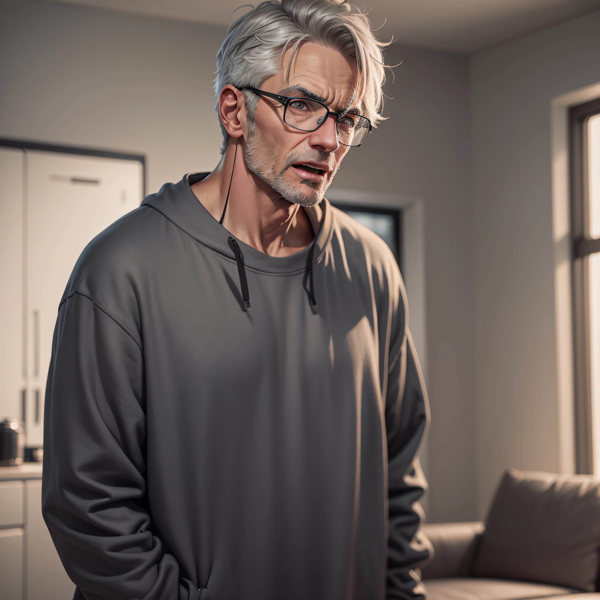 Realistic image of a man with short, gray hair, wearing glasses, wearing a black sweatshirt, with few wrinkles, thin, standing in a living room at night, perfect teeth, frightened expression, open mouth saying something