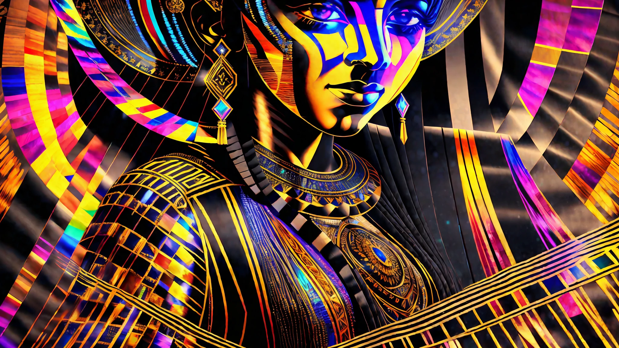 rainha cleopatra de cabelo black e coroa egipcia , com o imperio egicpio de fundo varios deuses egicpios andando atras , kaleidoscopic, Classic , oil, long shot, Motion graphics, 500px, Tapestry, blotchy colors, Gurokawa, strobe lighting, realistic dramatic lighting 8k portrait fine details photorealism cinematic intricate details cinematic lighting photo realistic 8k --auto --s2