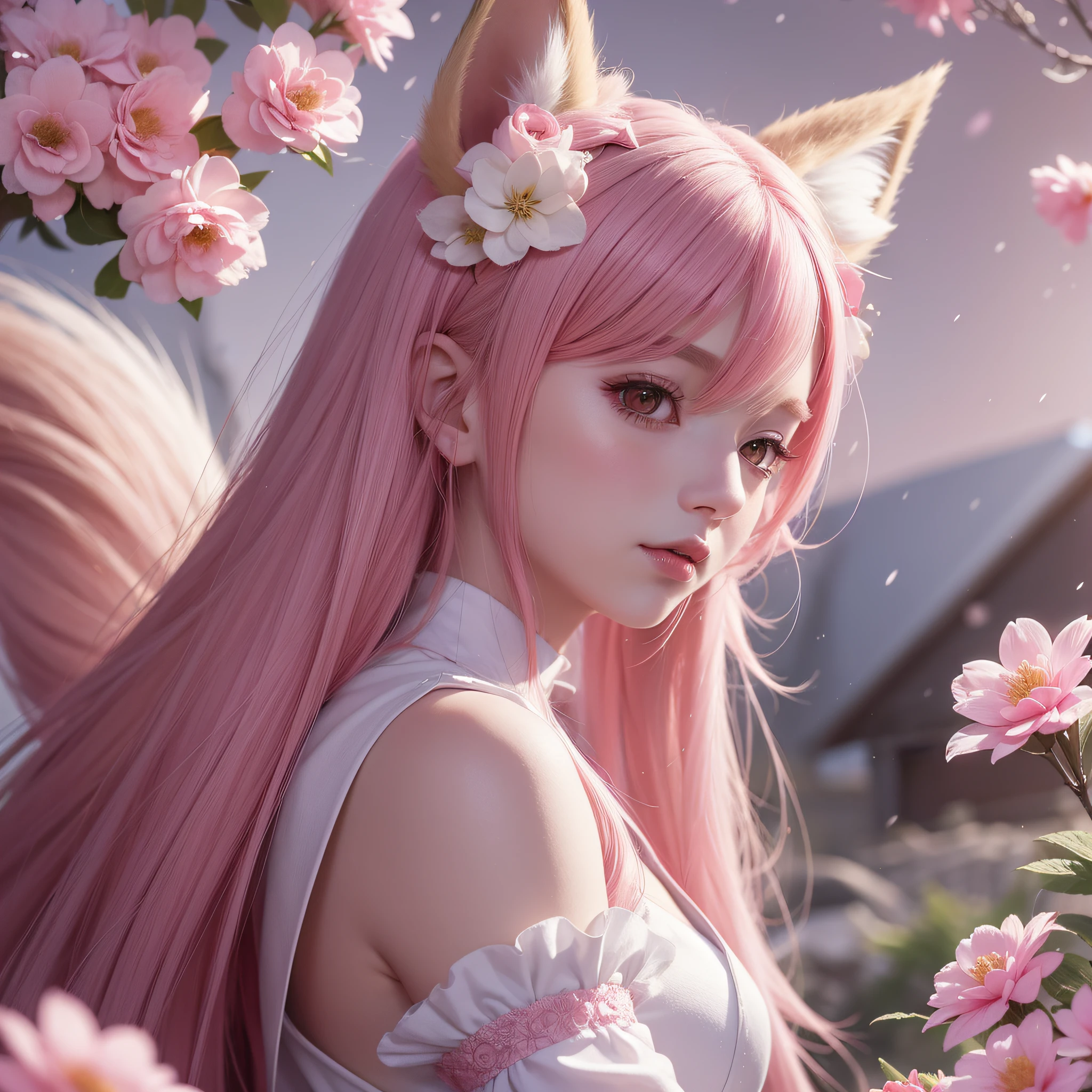 Nine snow-white fox tails (1.0), milky fox tail (1.0), fox close-up of nine tails, nine-tails, nine-tails, anime girl with pink hair and pink dress with flowers on her hair, very beautiful anime fox girl, beautiful anime fox girl, beautiful fantasy anime, guweiz, anime girl with fox ears, beautiful anime girl, very beautiful and cute fox girl, pink flower rain, background blur, anime style 4 K, anime fantasy artwork, 4k anime wallpaper, Artwork in the Guvez style