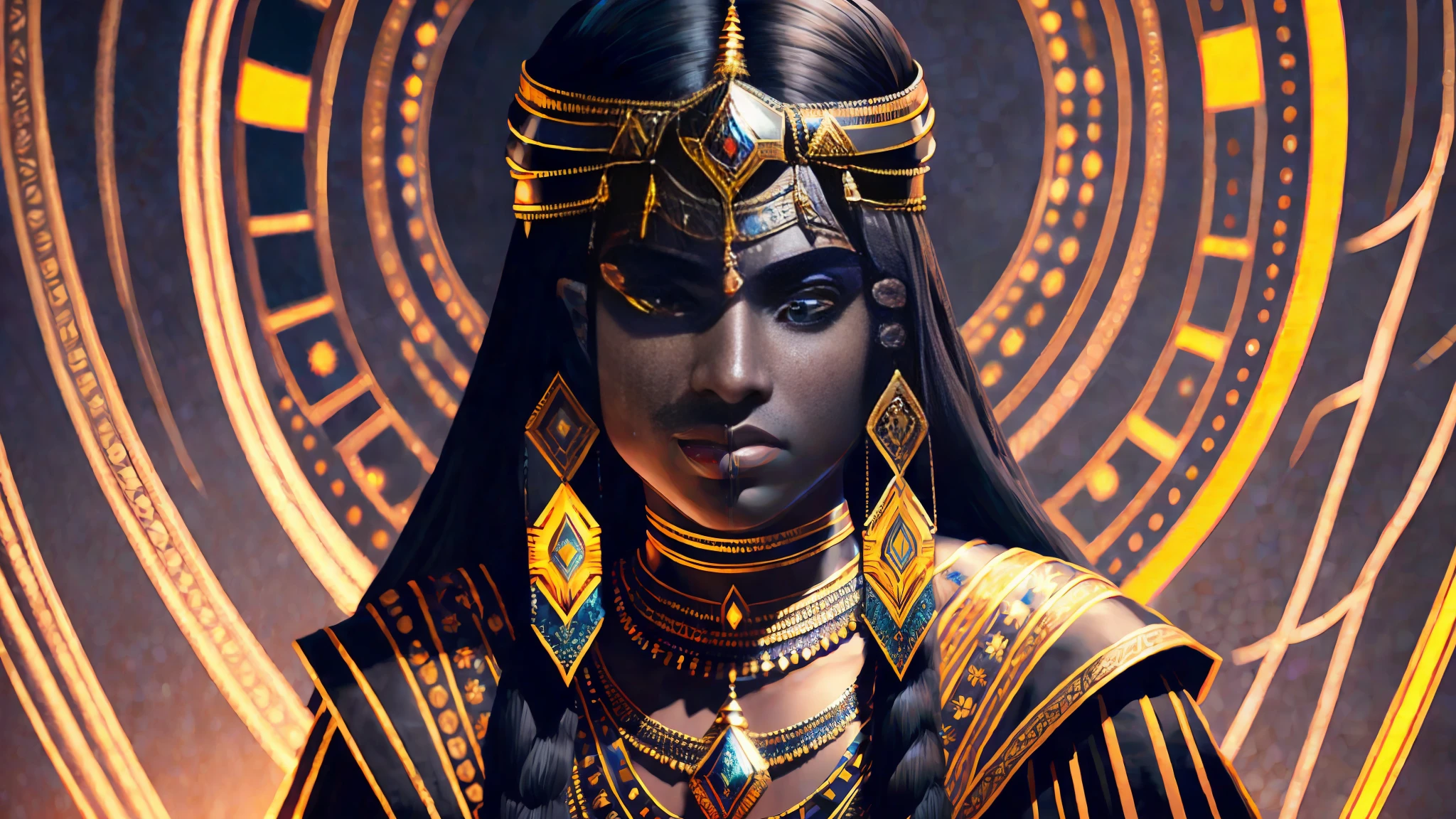 rainha cleopatra de cabelo black e coroa egipcia , com o imperio egicpio de fundo varios deuses egicpios andando atras , kaleidoscopic, Classic , oil, long shot, Motion graphics, 500px, Tapestry, blotchy colors, Gurokawa, strobe lighting, realistic dramatic lighting 8k portrait fine details photorealism cinematic intricate details cinematic lighting photo realistic 8k --auto --s2