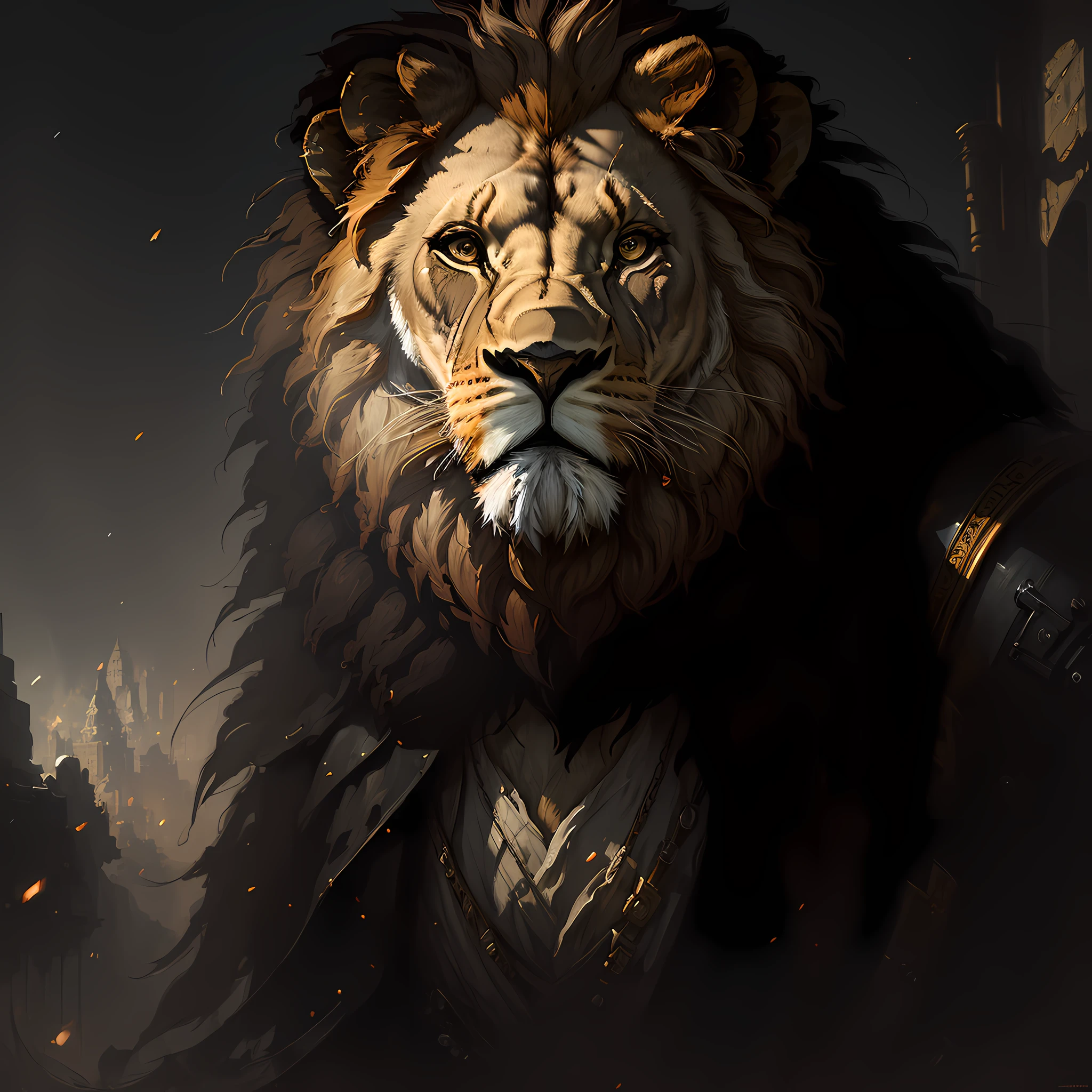 masterpiece, best quality, ((well detailed lion)), (extremely detailed 8k CG unit wallpaper), professional majestic oil painting by Ed Blinkey, Atey Ghailan, Studio Ghibli, by Jeremy Mann, Greg Manchess, Antonio Moro, trend in ArtStation, trends in CGSociety, Intricate, High Detail, Sharp Focus, dramatic and photorealistic painting art by midjourney and greg rutkowski