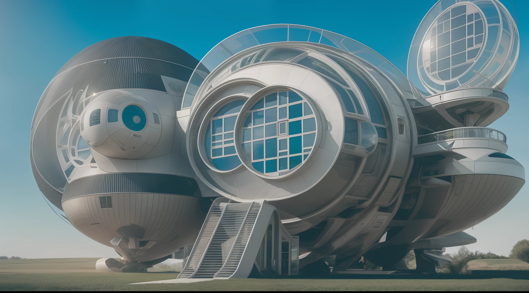 an extremely complex futuristic and advanced steampunk house, a flying vehicle in the garage, sci fi, lots of technology on the walls of the house, Airlock, decoration technology, (Siliconpunk:1) normal small houses next door, blue lawn, 2 sun in the sky, 2 moon in the sky, 200mm lens, high quality, high definition, uhd,