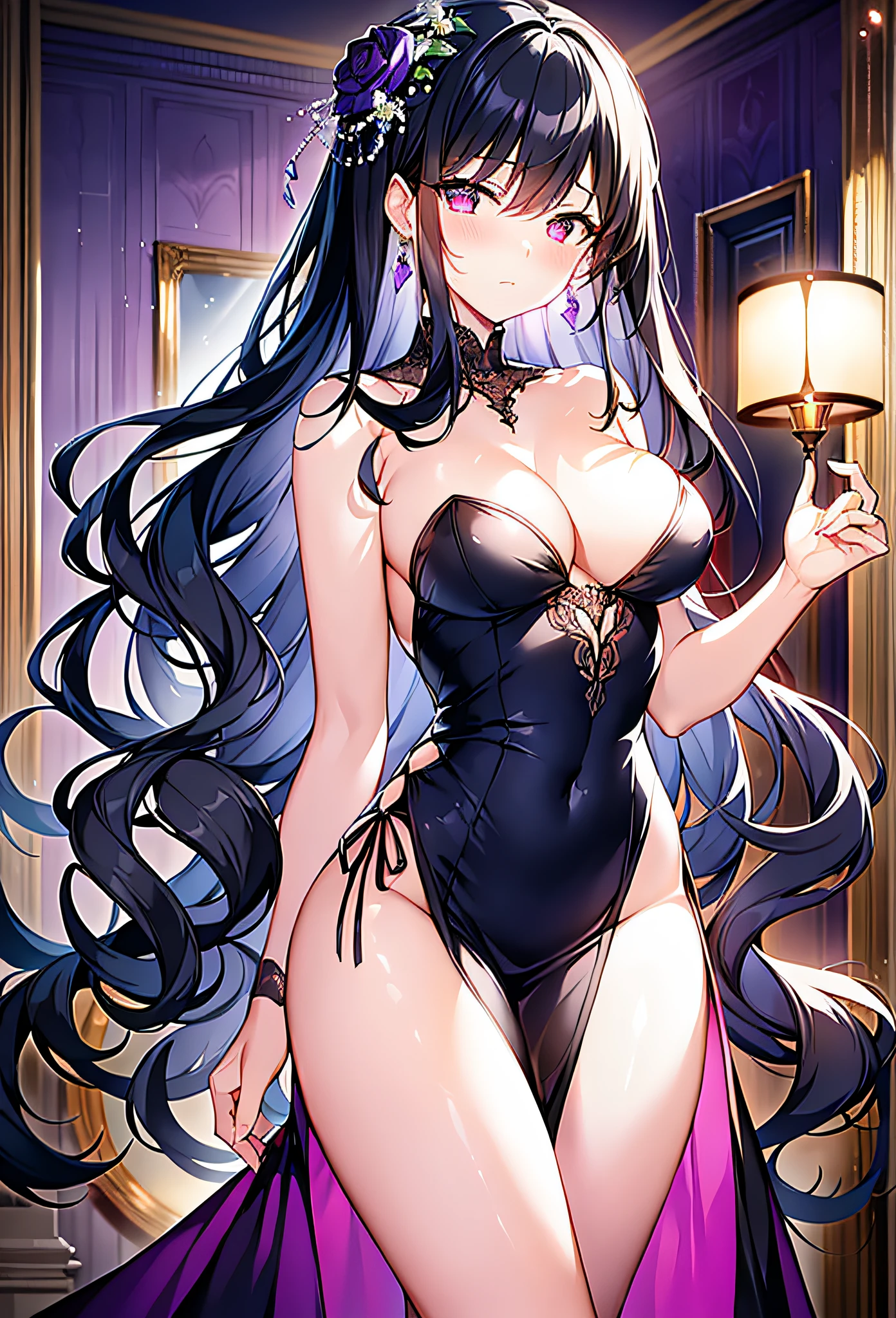 (masterpiece, reflections, atmospheric lighting, dynamic lighting), best quality, 1girl, perfect figure, perfect face, black hair, long luscious black hair, semi-curly hair, delicate hair, glowing eyes, delicate fingers, delicate legs, shy, embarrassed, blushing, lewd, sexy, purple dangling earrings, pitch black dress, wedding dress, lace dress, lingerie dress, strapless dress, slit leg dress, lewd dress