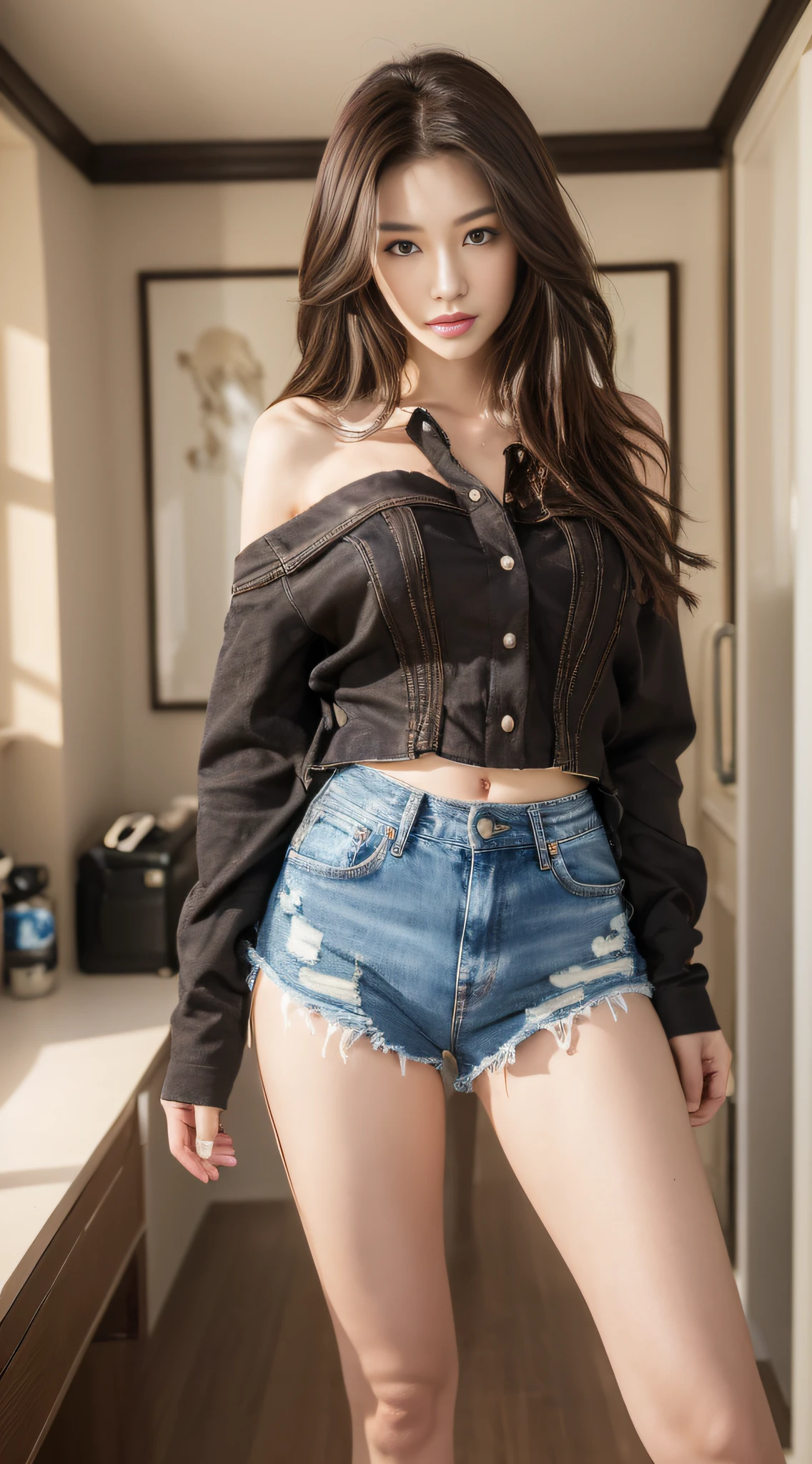 ((midnight, best quality, 8k, masterpiece :1.3)), full body, long legs, sharp focus :1.2, a beautiful woman with perfect figure :1.4, slim abs :1.1, ((dark brown hair, :1.2)), highly detailed face and skin texture, detailed eyes, double eyelids, white shirt, open waist, denim shorts, sexy, interior scene