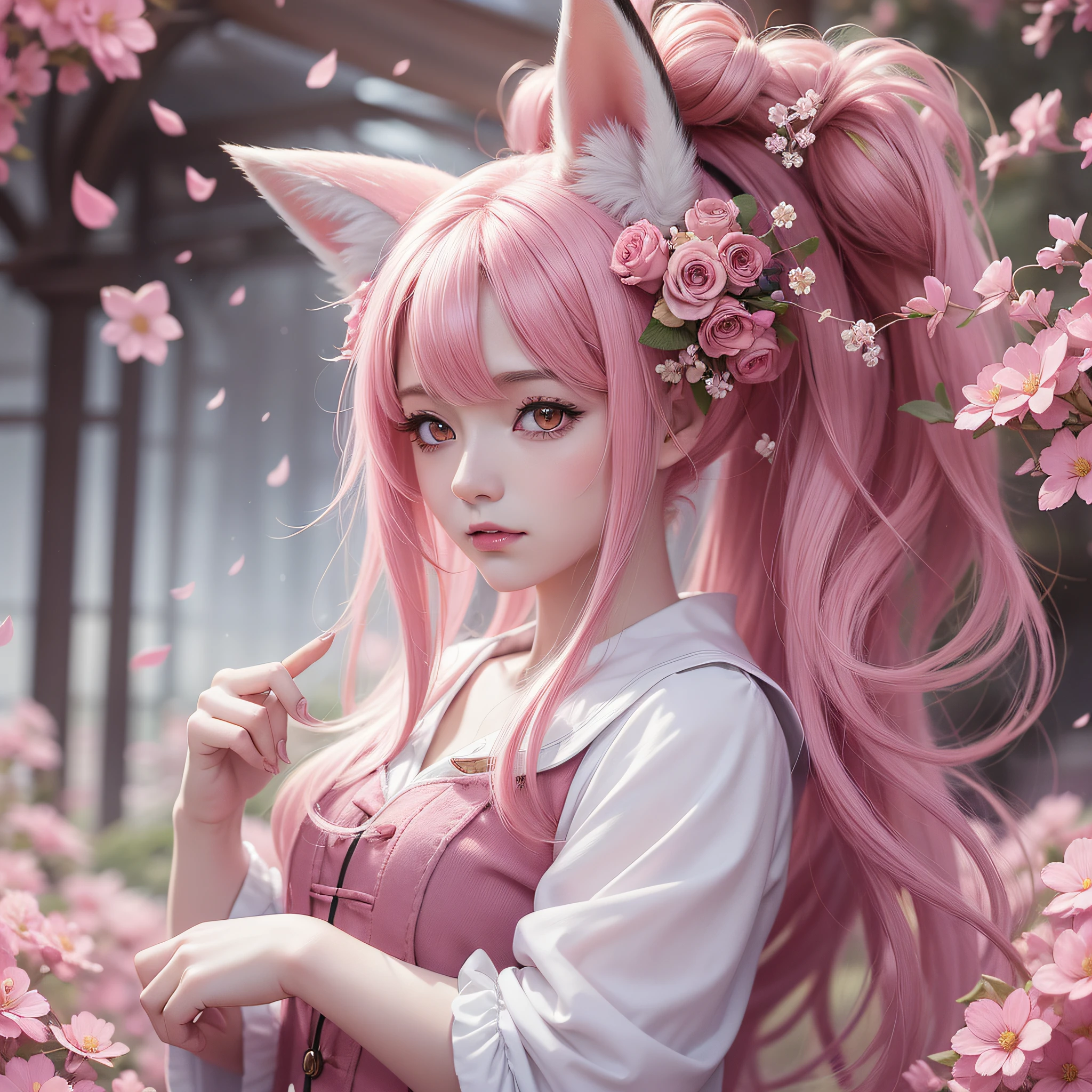 Nine snow-white fox tails (1.0), milky fox tail (1.0), fox close-up of nine tails, nine-tails, nine-tails, anime girl with pink hair and pink dress with flowers on her hair, very beautiful anime fox girl, beautiful anime fox girl, beautiful fantasy anime, guweiz, anime girl with fox ears, beautiful anime girl, very beautiful and cute fox girl, pink flower rain, background blur, anime style 4 K, anime fantasy artwork, 4k anime wallpaper, Artwork in the Guvez style
