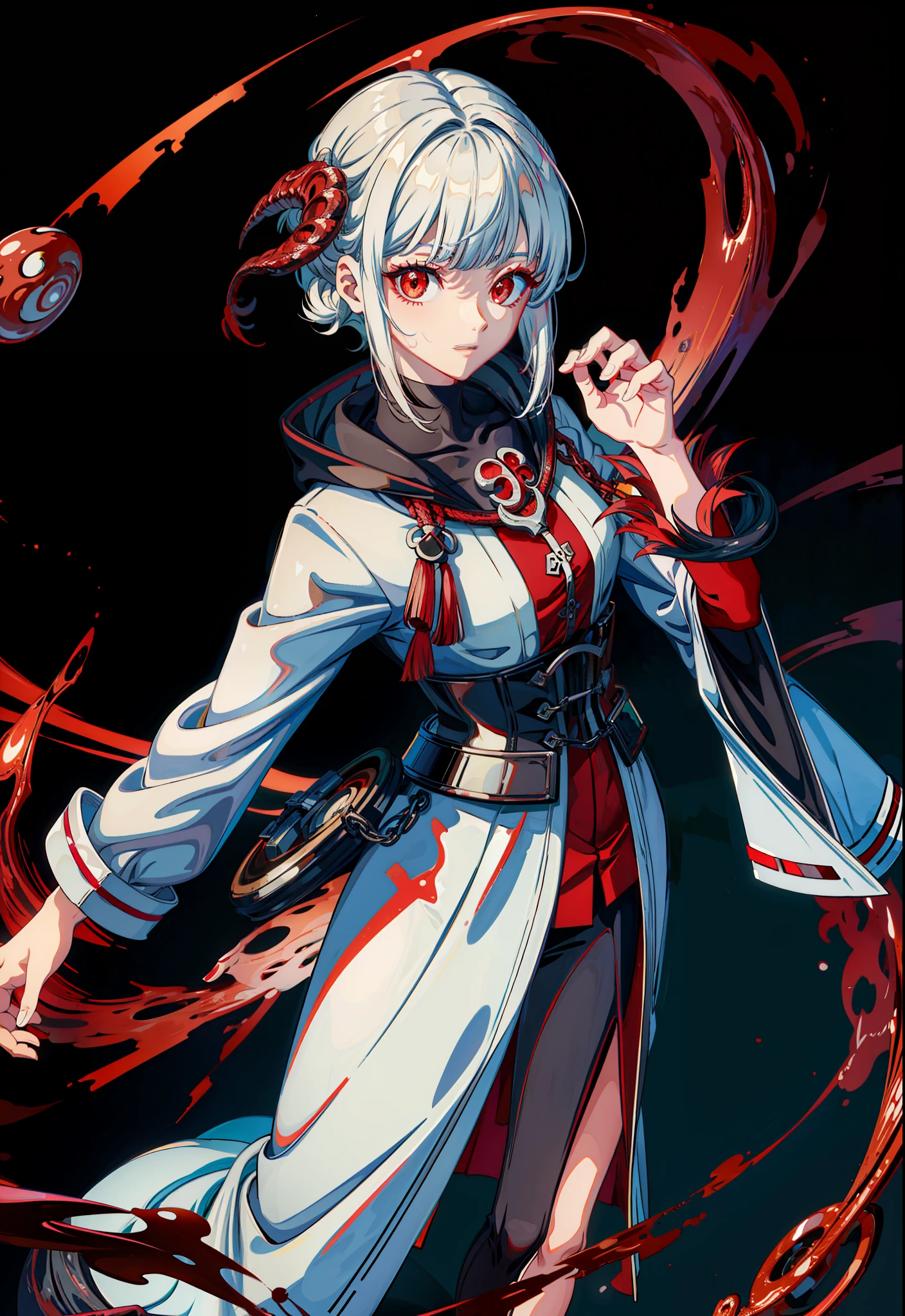 (masterpiece, high quality:1.4), (kaneki ken, black hair, (white hair), red and black eye, mask | teeth, blood eyes, black clothes, scorpio tentacles), blood, ((full body)), (dynamic pose),close up shot, black background, thrilling, (fierce face), powerful aura, glowing red eye,blood tentacles,kagune powers,8k,64k, HD, unparalleled masterpiece, dynamic lighting, cinematic, epic, highest quality digital art
