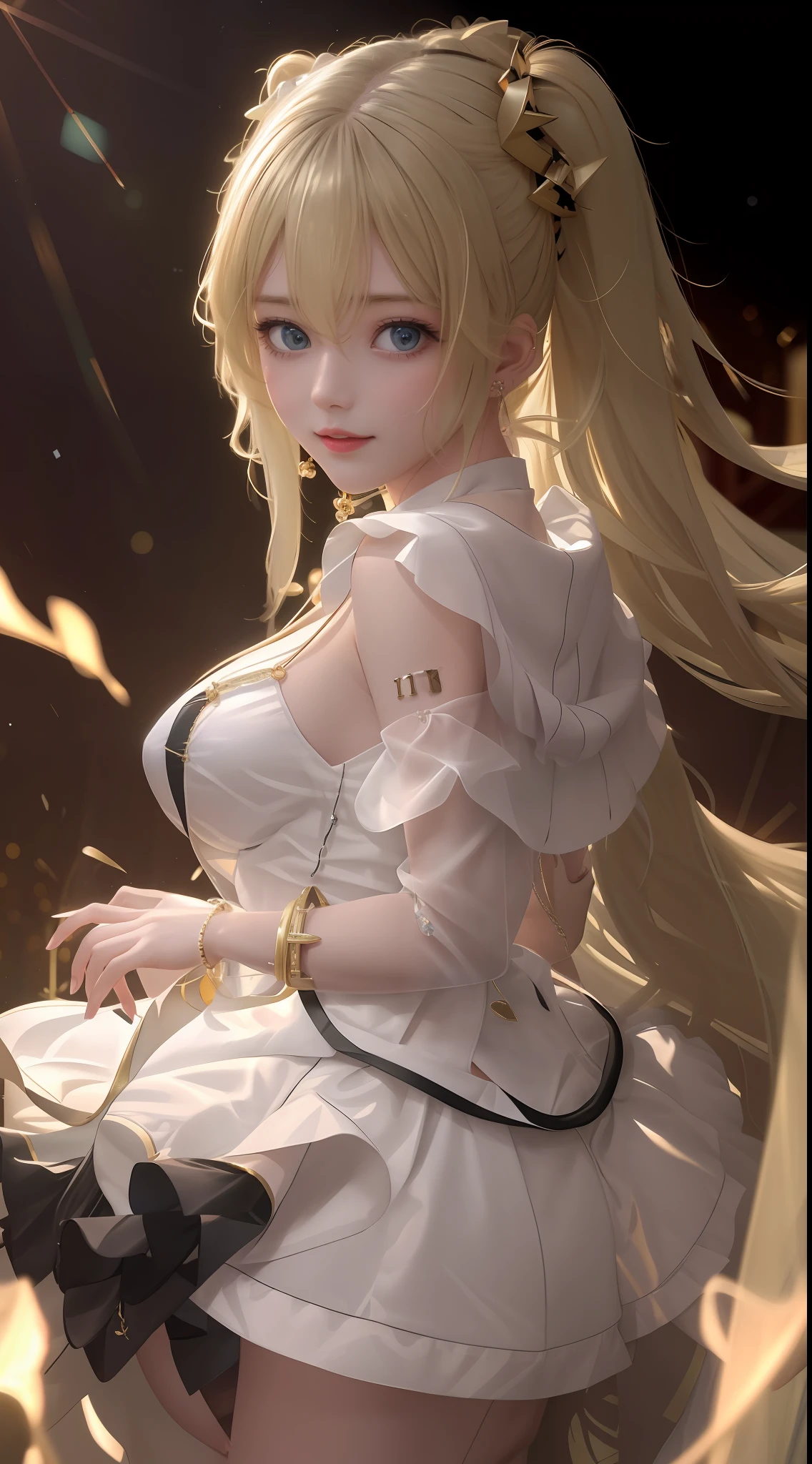 best quality, masterpiece, high_res, 1girl, hair ornament, necklace, jewelry, Beautiful face, upon body, tyndall effect, photo realistic, dark studio, rim lighting, two tone lighting, (high detailed skin:1.2), 8k uhd, dslr, soft lighting, high quality, volumetric lighting, candid, Photograph, high resolution, 4k, 8k, Bokeh, realistic big breasts, open fingers, (hair color:blonde:1)