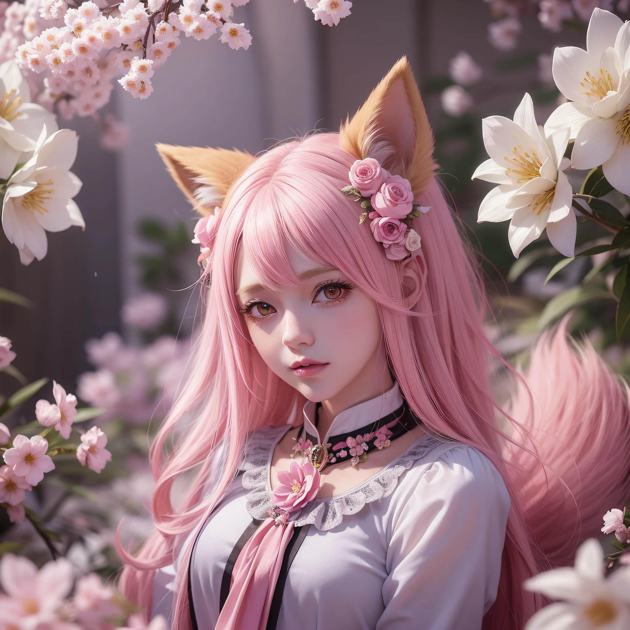 Nine snow-white fox tails (1.0), milky fox tail (1.0), fox close-up of nine tails, nine-tails, nine-tails, anime girl with pink hair and pink dress with flowers on her hair, very beautiful anime fox girl, beautiful anime fox girl, beautiful fantasy anime, guweiz, anime girl with fox ears, beautiful anime girl, very beautiful and cute fox girl, pink flower rain, background blur, anime style 4 K, anime fantasy artwork, 4k anime wallpaper, Artwork in the Guvez style