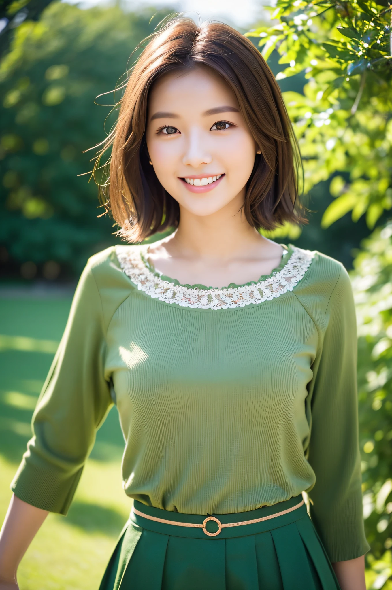 (8k, highest quality, masterpiece: 1.2), ultra detail, best quality, ultra high resolution, professional lighting, photon mapping, radiosity, physically based rendering, cinematic lighting, depth of field, focusing, sunbeams, good composition, (bokeh: 1.2), 1 girl, (full body), smile, beautiful eyes, pose, constriction, brown hair, short hair, prairie blouse green, Skirts, Parks