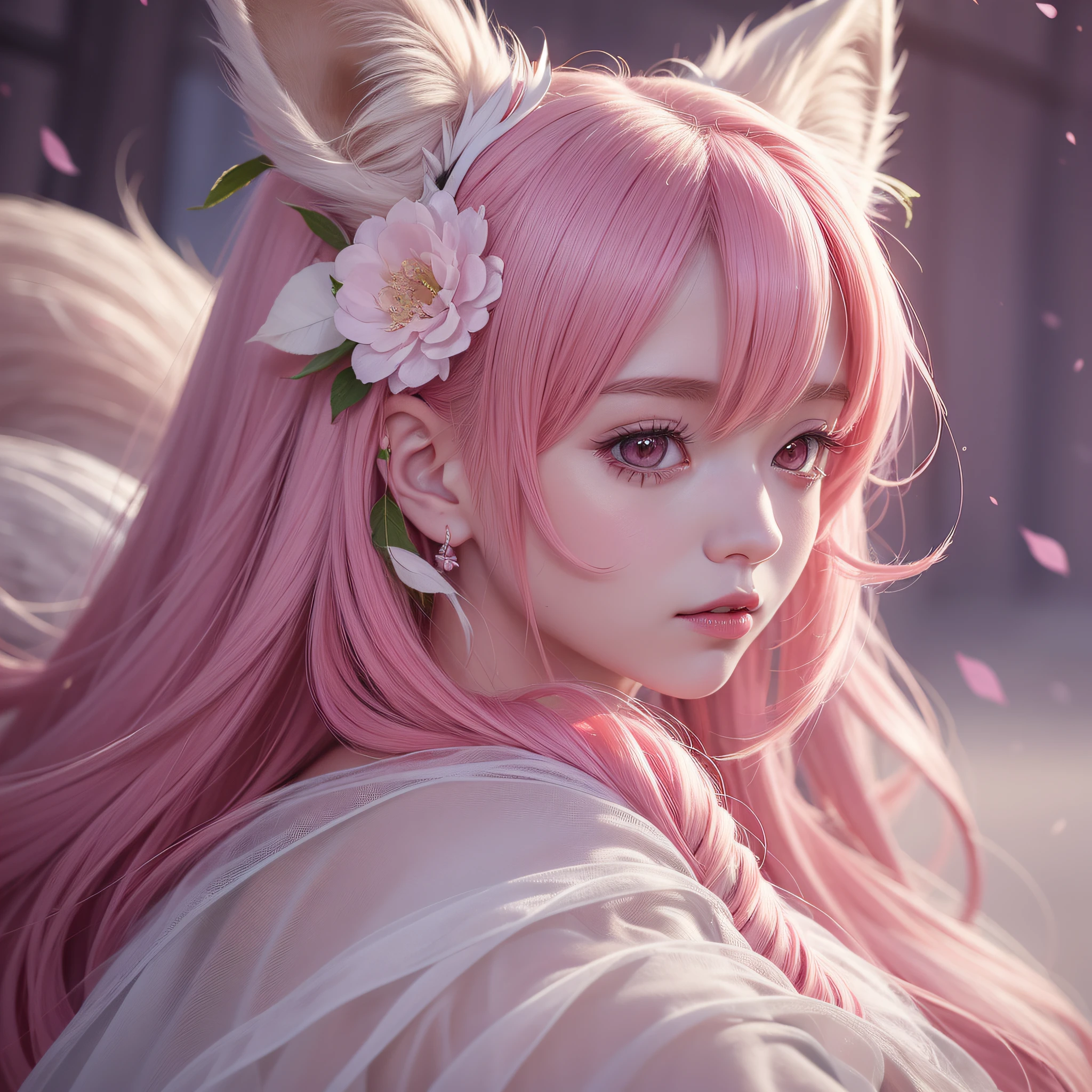 Nine snow-white fox tails (1.0), milky fox tail (1.0), fox close-up of nine tails, nine-tails, nine-tails, anime girl with pink hair and pink dress with flowers on her hair, very beautiful anime fox girl, beautiful anime fox girl, beautiful fantasy anime, guweiz, anime girl with fox ears, beautiful anime girl, very beautiful and cute fox girl, pink flower rain, background blur, anime style 4 K, anime fantasy artwork, 4k anime wallpaper, Artwork in the Guvez style