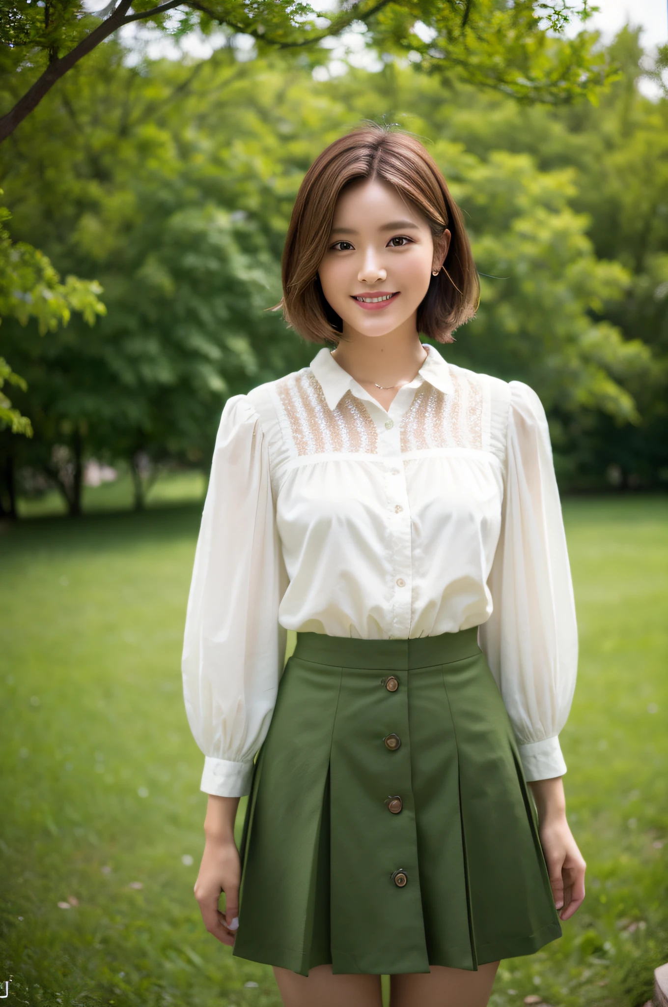 (8k, highest quality, masterpiece: 1.2), ultra detail, best quality, ultra high resolution, professional lighting, photon mapping, radiosity, physically based rendering, cinematic lighting, depth of field, focusing, sunbeams, good composition, (bokeh: 1.2), 1 girl, (full body), smile, beautiful eyes, pose, constriction, brown hair, short hair, prairie blouse green, Skirts, Parks