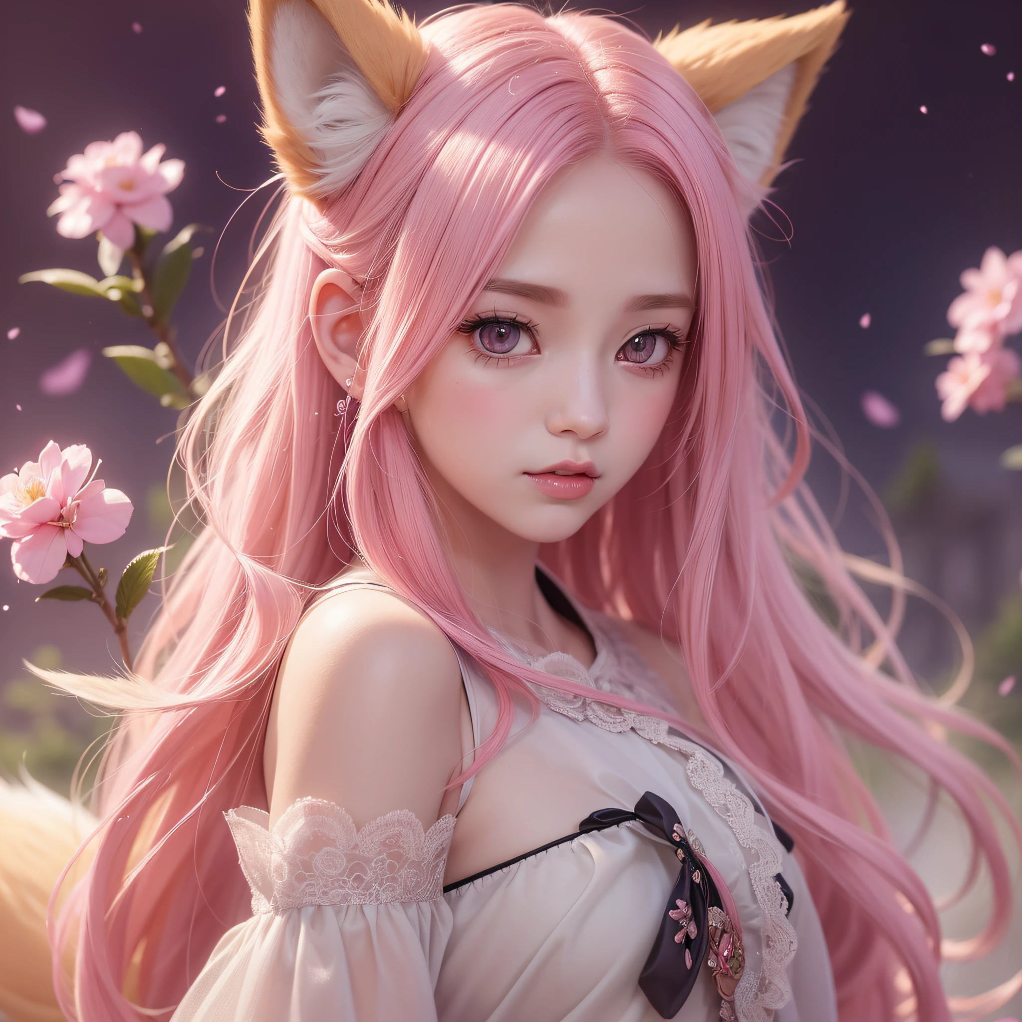 Nine snow-white fox tails (1.0), milky fox tail (1.0), fox close-up of nine tails, nine-tails, nine-tails, anime girl with pink hair and pink dress with flowers on her hair, very beautiful anime fox girl, beautiful anime fox girl, beautiful fantasy anime, guweiz, anime girl with fox ears, beautiful anime girl, very beautiful and cute fox girl, pink flower rain, background blur, anime style 4 K, anime fantasy artwork, 4k anime wallpaper, Artwork in the Guvez style