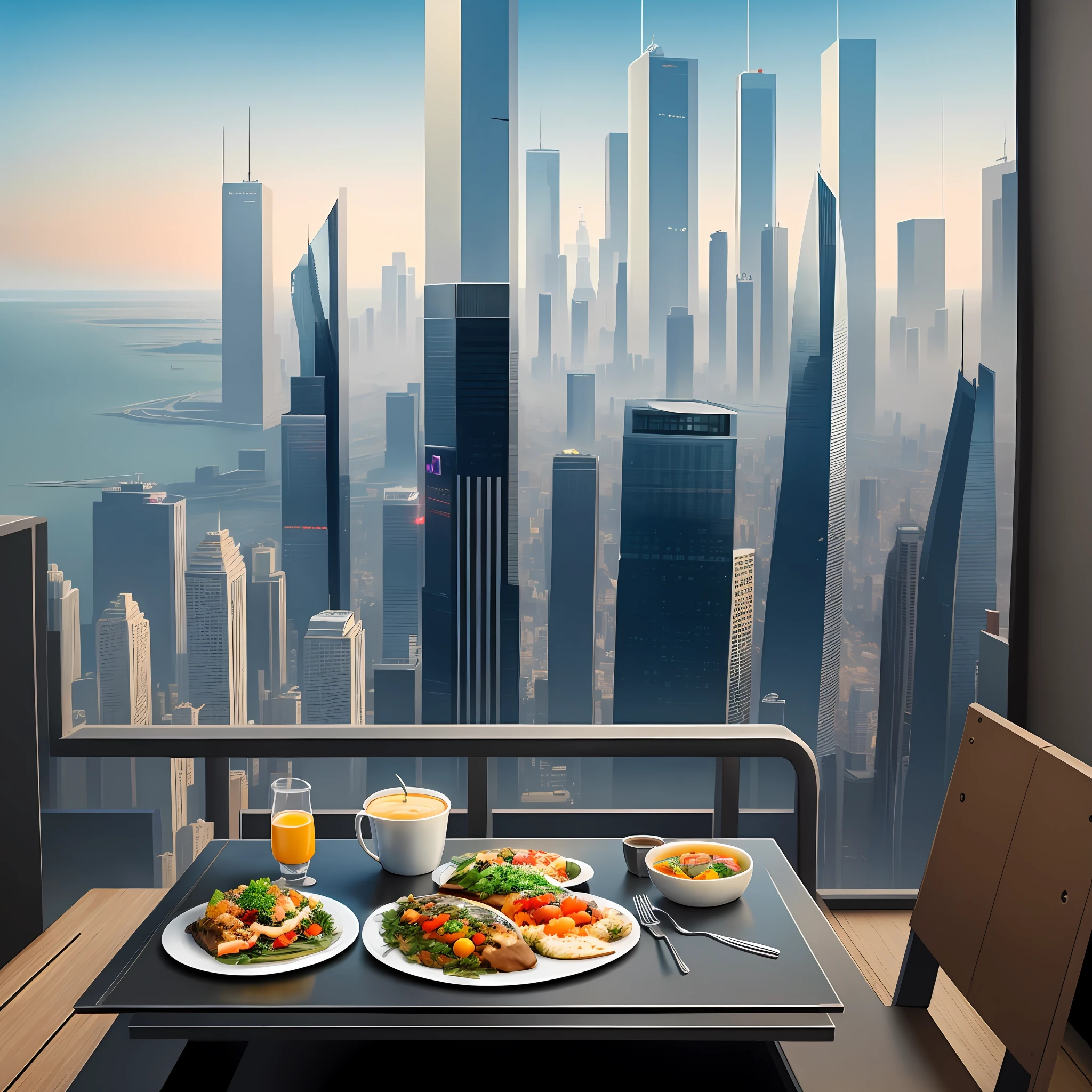 Skyscraper rooftop lunch Dining Cyberpunk Big city Top Quality Masterpiece Ultra High Definition