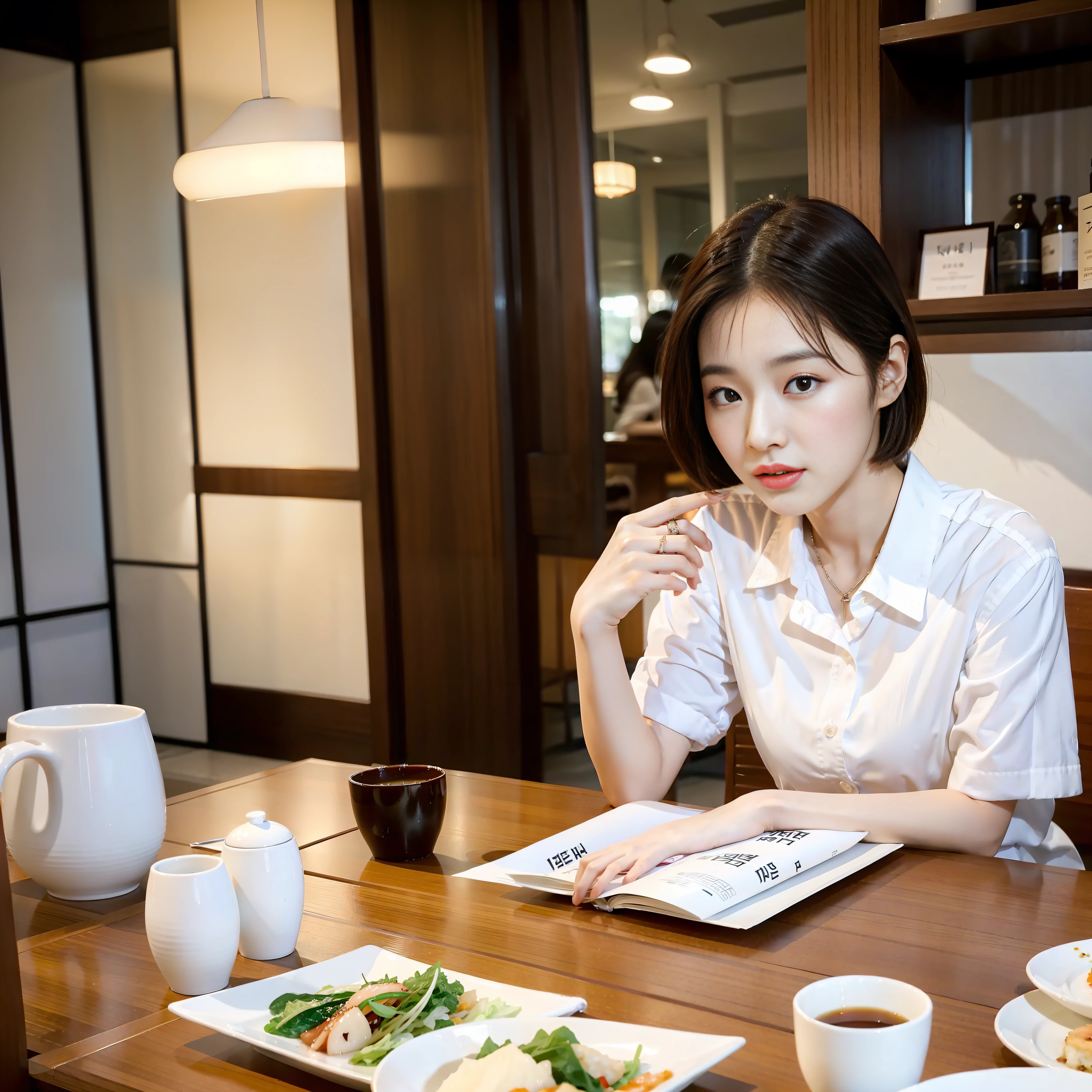 Asian woman in white shirt sitting at table, beautiful Korean woman, beautiful young Korean woman, gorgeous young Korean woman, Korean girl, young adorable Korean face, Korean woman, Korean woman with short hair, Choi Sung-hwa, young cute asian face, Jae Young Nam, adorable Korean face, Lee Ji-eun,