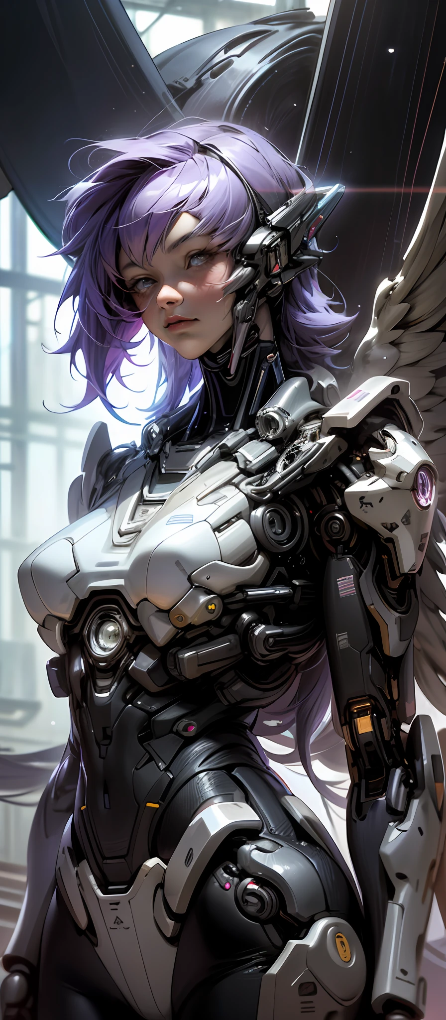 (RAW Photo, Photorealistic: 1.9) heavy detailed, a close up of a woman with huge breats, purple hair and wings, ghost in the shell art style, ghost in the shell style, futuristic robot angel, beautiful cyborg angel girl, cyborg girl, battle angel, cyborg - girl, biblical female android, anime robotic mixed with organic, joao ruas, scifi woman, sci-fi female, cute cyborg girl, motoko kusanagi