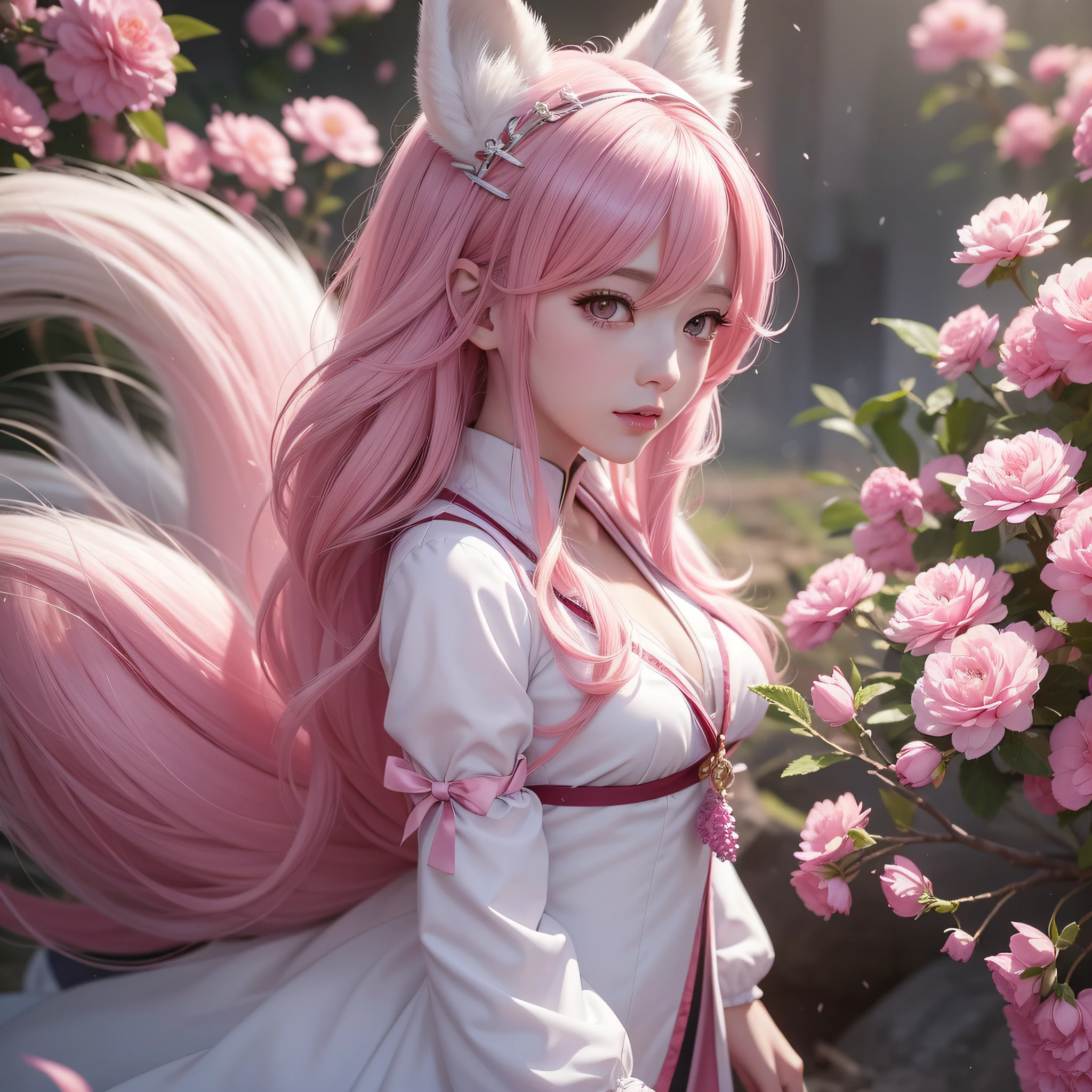 Nine snow-white fox tails (1.0), milky fox tail (1.0), fox close-up of nine tails, nine-tails, nine-tails, anime girl with pink hair and pink dress with flowers on her hair, very beautiful anime fox girl, beautiful anime fox girl, beautiful fantasy anime, guweiz, anime girl with fox ears, beautiful anime girl, very beautiful and cute fox girl, pink flower rain, background blur, anime style 4 K, anime fantasy artwork, 4k anime wallpaper, Artwork in the Guvez style