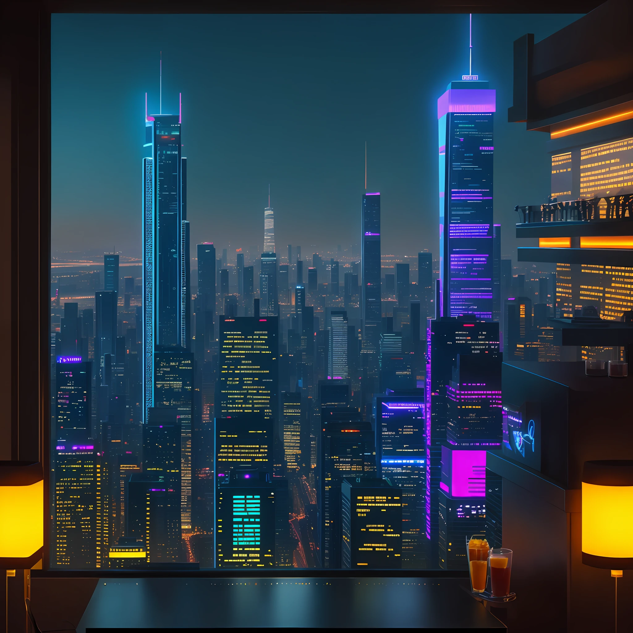 Skyscraper rooftop lunch dining cyberpunk night view neon lights big city top quality masterpiece ultra high definition