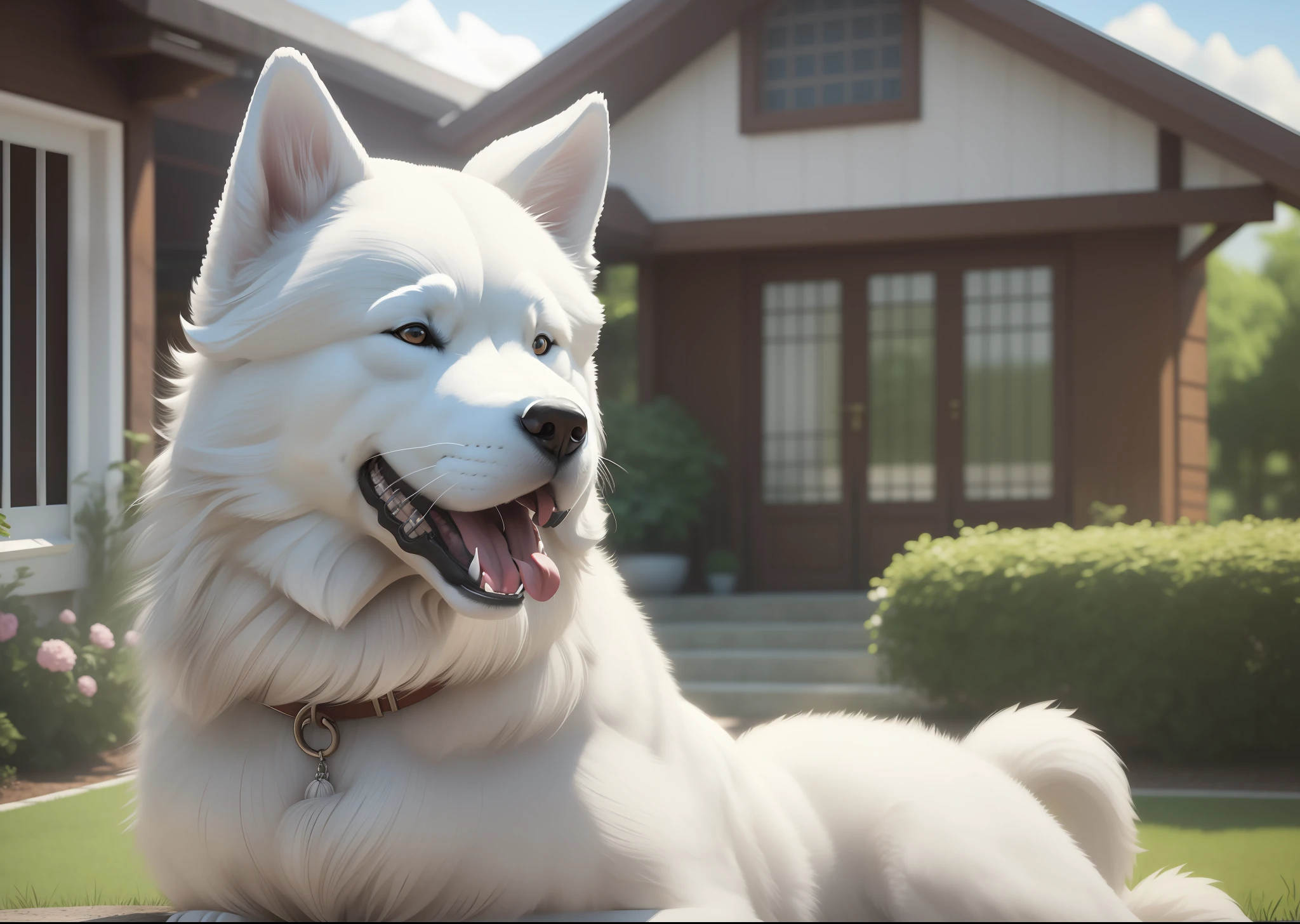 a big and furry white dog akita (((SOLO))) , well-detailed, sharp focus, with the tongue out, very detailed tail, artstation, 3D art, looking at camera, house garden background, photo realism, masterpiece, hyper resolution, 4k, 8k, canon 50mm, --S100