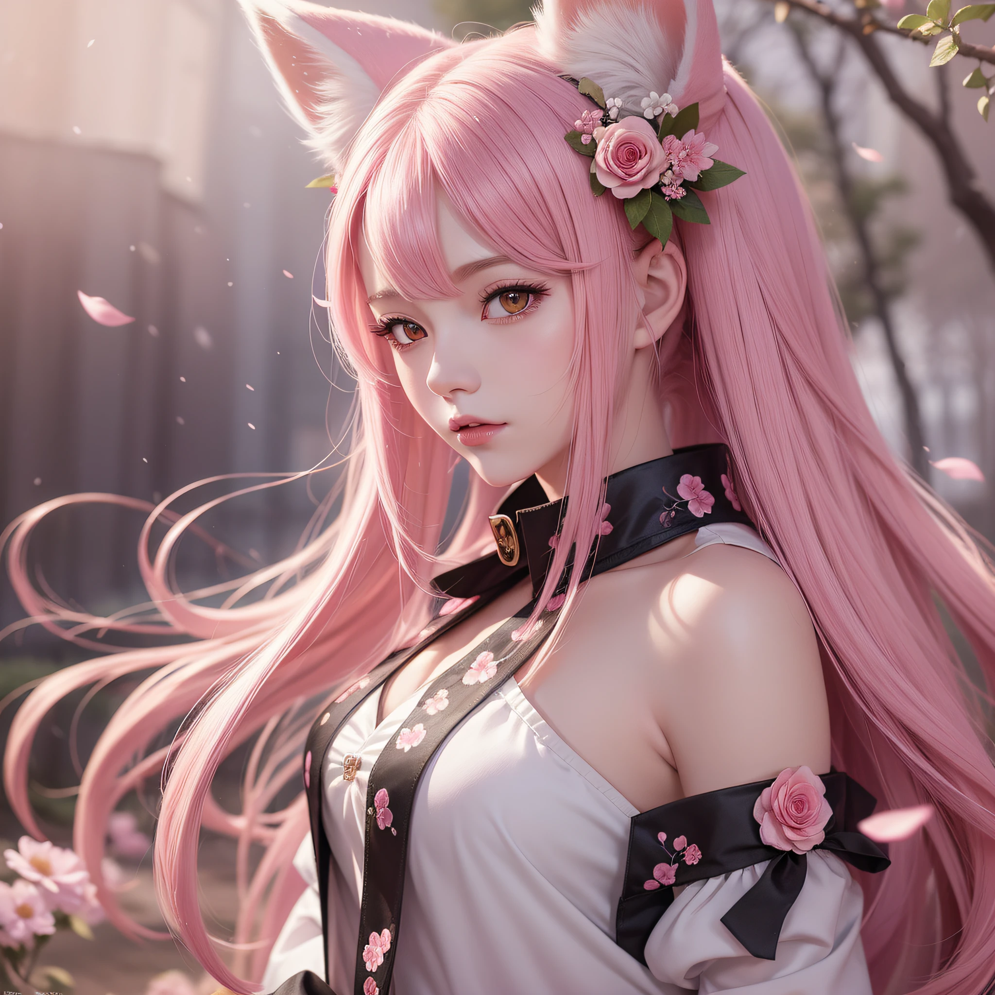 Nine snow-white fox tails (1.0), milky fox tail (1.0), fox close-up of nine tails, nine-tails, nine-tails, anime girl with pink hair and pink dress with flowers on her hair, very beautiful anime fox girl, beautiful anime fox girl, beautiful fantasy anime, guweiz, anime girl with fox ears, beautiful anime girl, very beautiful and cute fox girl, pink flower rain, background blur, anime style 4 K, anime fantasy artwork, 4k anime wallpaper, Artwork in the Guvez style