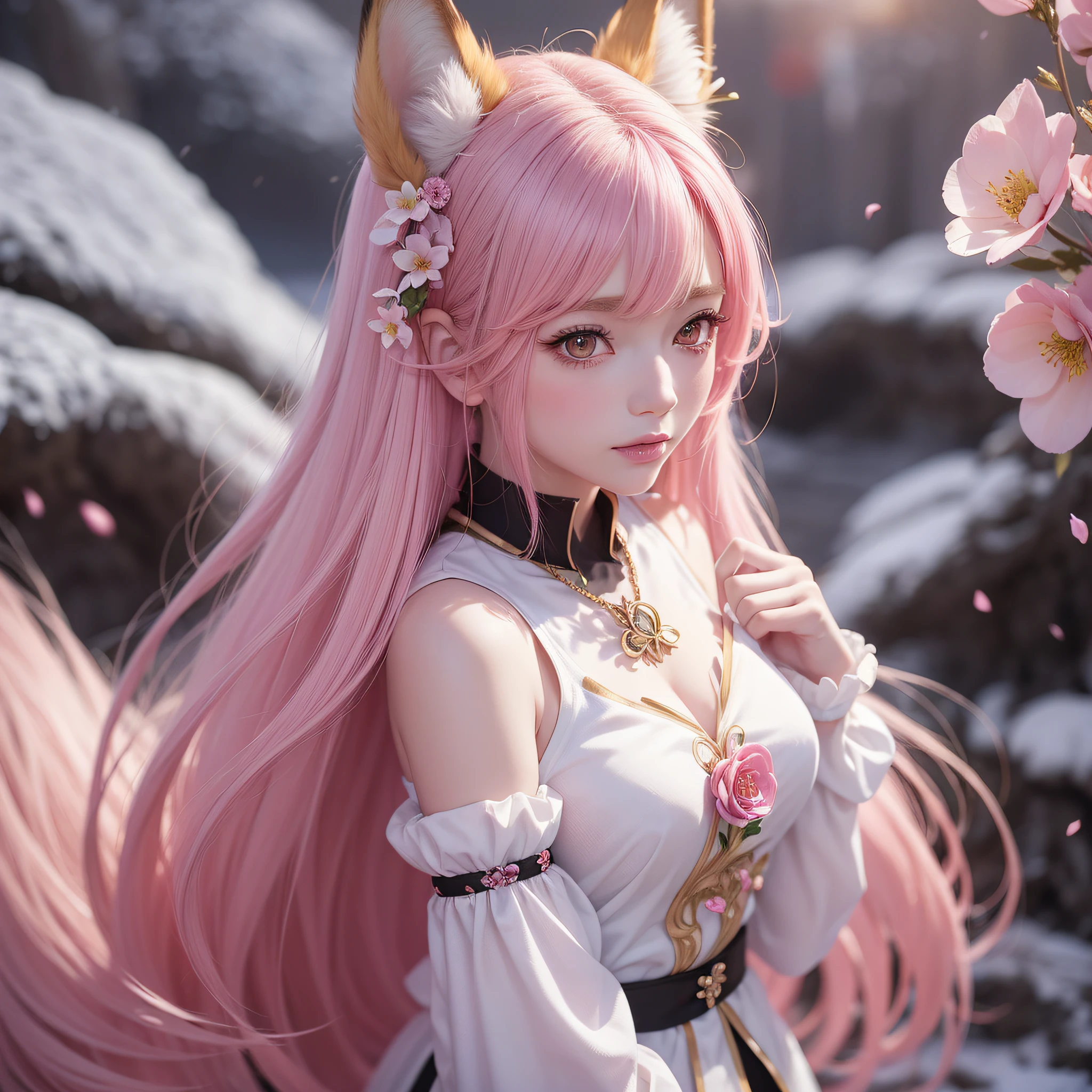 Nine snow-white fox tails (1.0), milky fox tail (1.0), fox close-up of nine tails, nine-tails, nine-tails, anime girl with pink hair and pink dress with flowers on her hair, very beautiful anime fox girl, beautiful anime fox girl, beautiful fantasy anime, guweiz, anime girl with fox ears, beautiful anime girl, very beautiful and cute fox girl, pink flower rain, background blur, anime style 4 K, anime fantasy artwork, 4k anime wallpaper, Artwork in the Guvez style