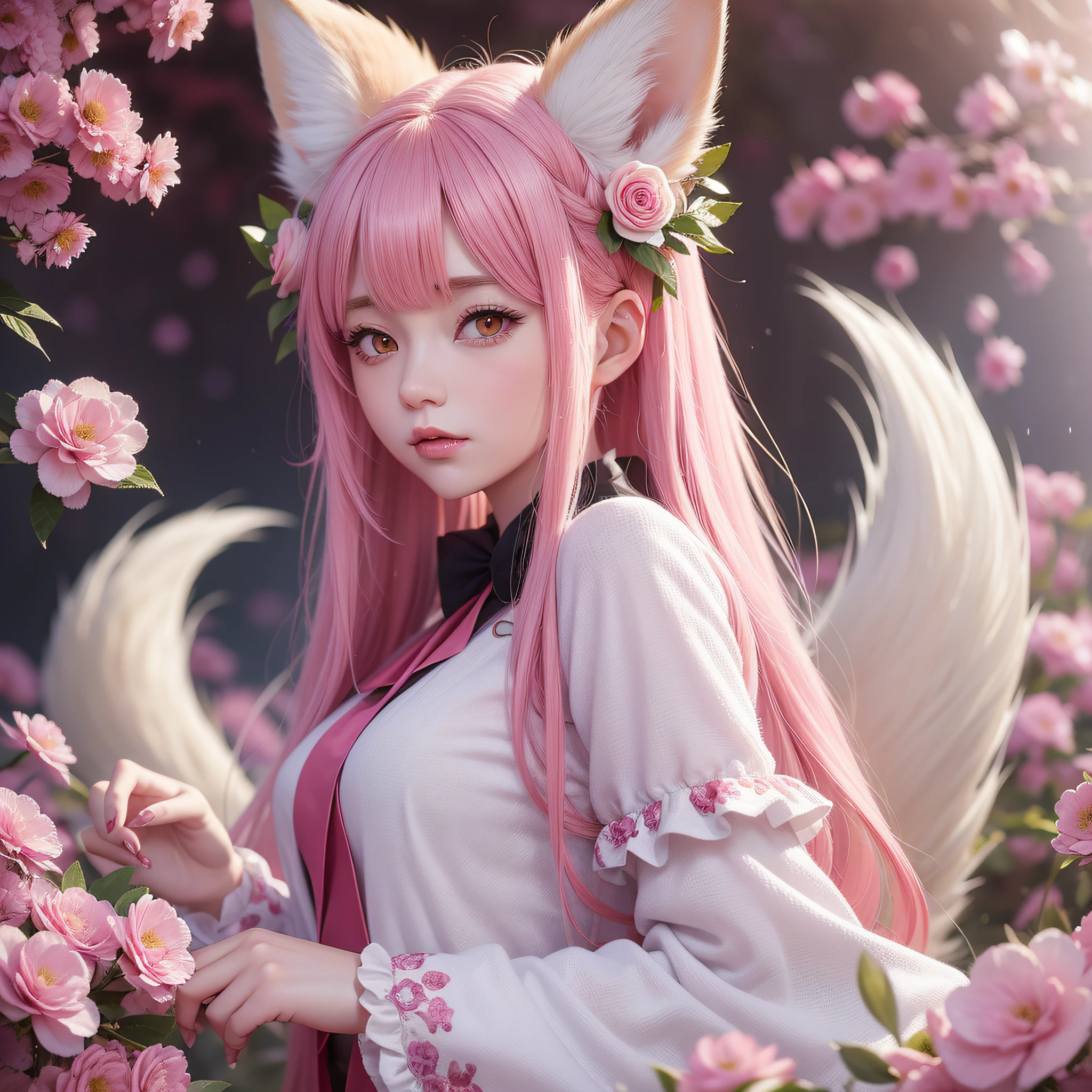 Nine snow-white fox tails (1.0), milky fox tail (1.0), fox close-up of nine tails, nine-tails, nine-tails, anime girl with pink hair and pink dress with flowers on her hair, very beautiful anime fox girl, beautiful anime fox girl, beautiful fantasy anime, guweiz, anime girl with fox ears, beautiful anime girl, very beautiful and cute fox girl, pink flower rain, background blur, anime style 4 K, anime fantasy artwork, 4k anime wallpaper, Artwork in the Guvez style