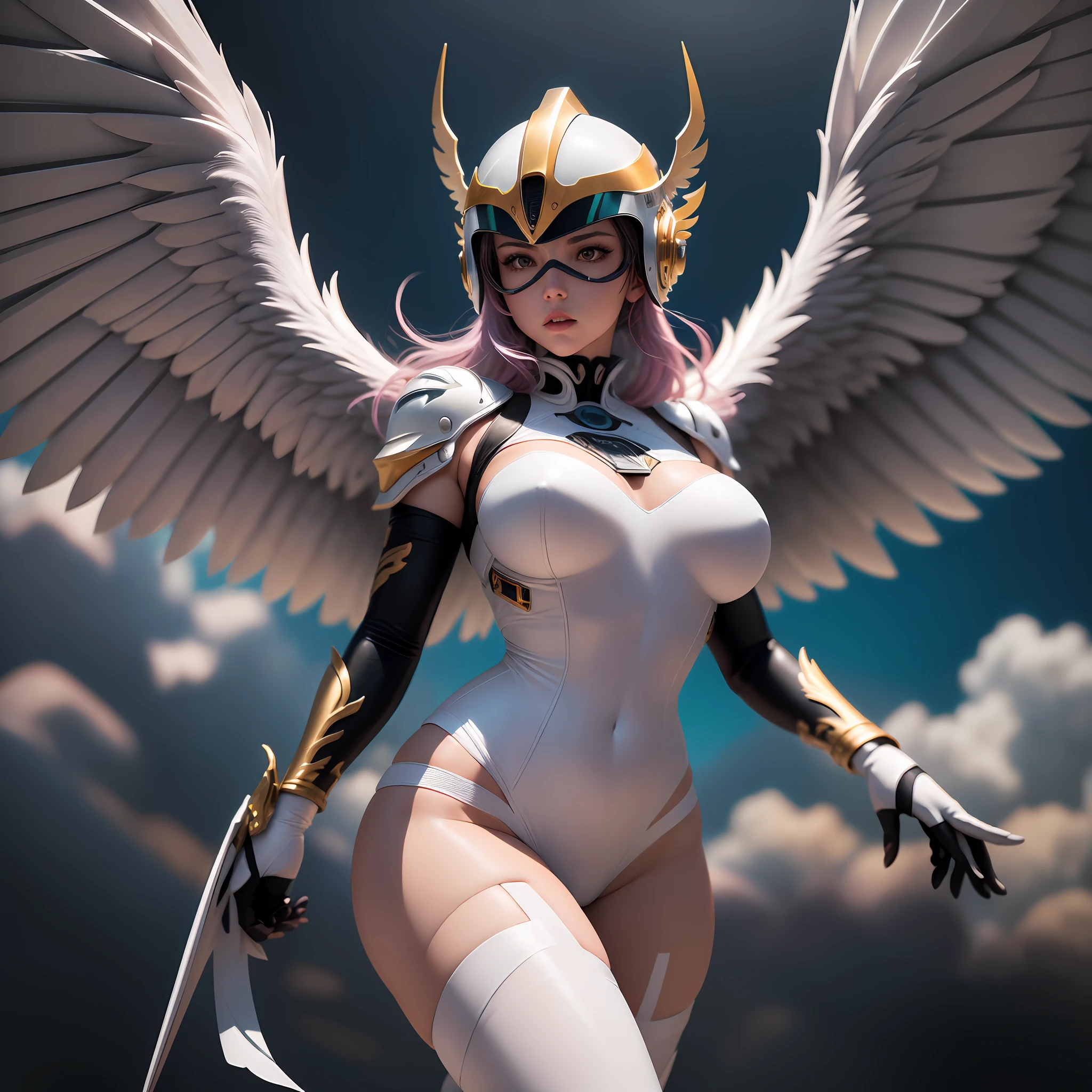 Angewomon, Digimon, (highly detailed face: 1.2), (photorealistic skin: 2), realistic texture, by lee jeffries, nikon d850, film bank photographs, 4 kodak portra 400, camera f1.6 lens, rich colors, cinestill 800, dramatic lighting, beautiful lighting, nikon d850, (photo made with canon eos r5:1.2), dslr, (hdr: 1.2), (35mm stock film: 0.3), Fujifilm XT3, (fisheye:  0.55), (8k uhd, RAW photo, best quality, masterpiece:1.2), (hyper realistic, photorealistic:1.37), realistic texture, solo, 1girl, (huge breasts:1.15), (winged helmet:1.3), (helmet over eyes:1.3, helmet on), (white multiple wings, white wings:1.3, pink hagoromo, single glove), (strapless bodysuit), (white bodysuit, gold falling bra, black belt), (two belts), (full body:1.3),  (split lips:1.2), (25 years:1.5) (sky), flying, floating, angel, --auto --s2