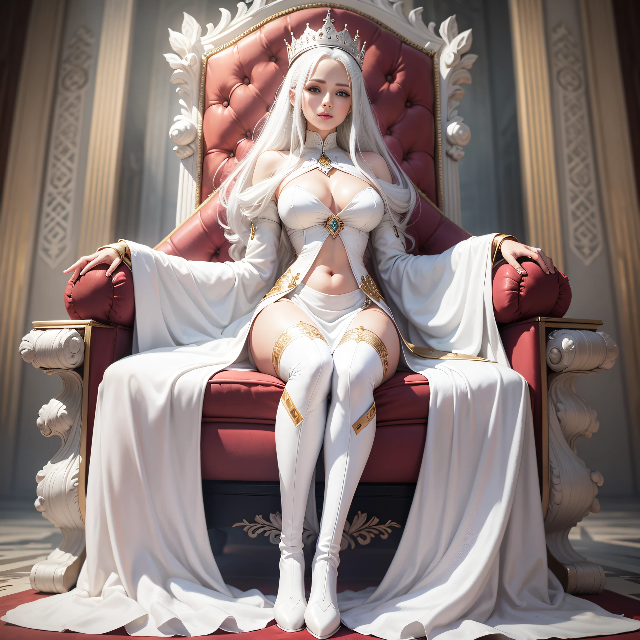 White hair, queen, white long dress, noble, throne, over-the-knee boots, navel --auto --s2