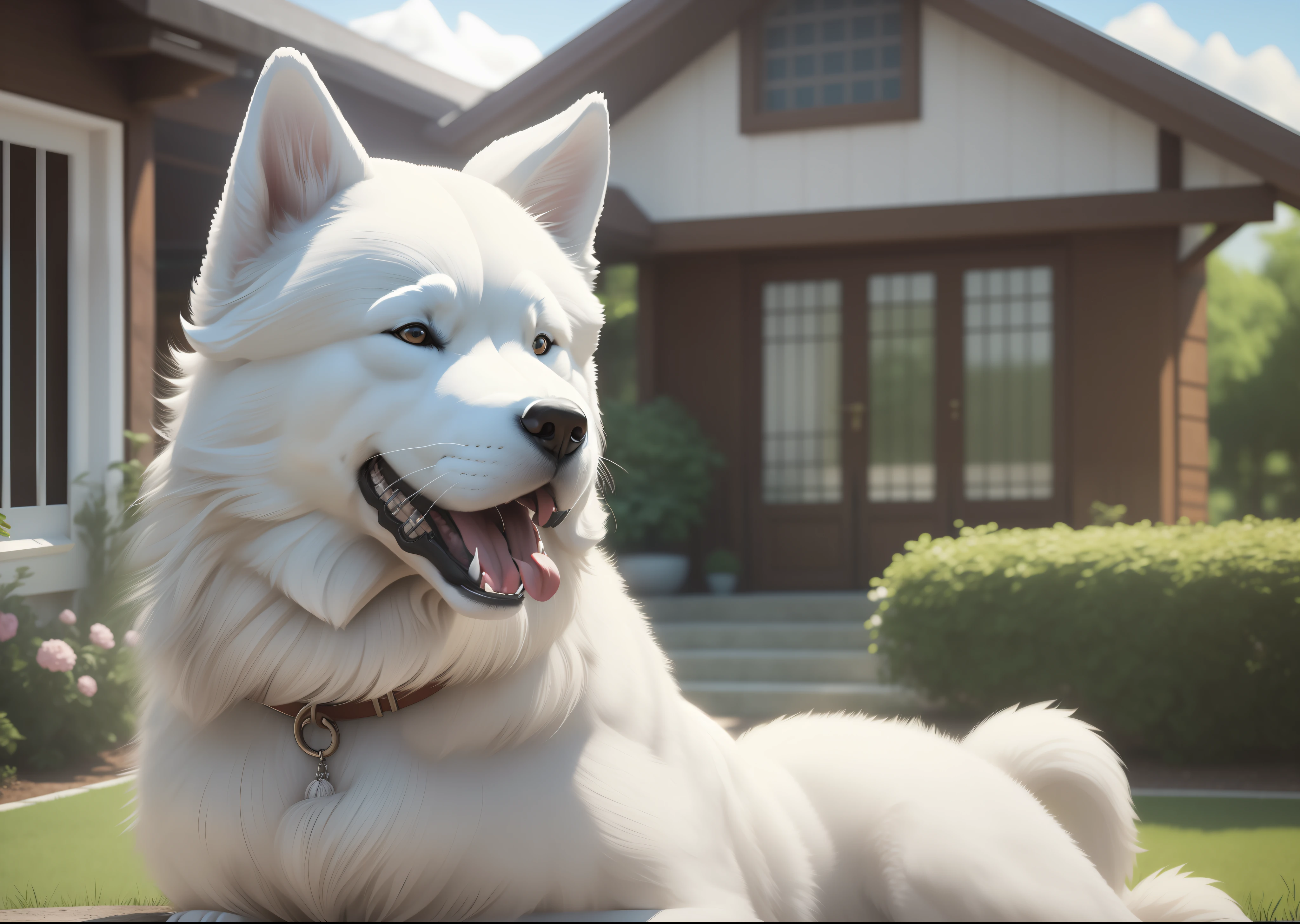 a big and furry white dog akita (((SOLO))) , well-detailed, sharp focus, with the tongue out, very detailed tail, artstation, 3D art, looking at camera, house garden background, photo realism, masterpiece, hyper resolution, 4k, 8k, canon 50mm, --S100