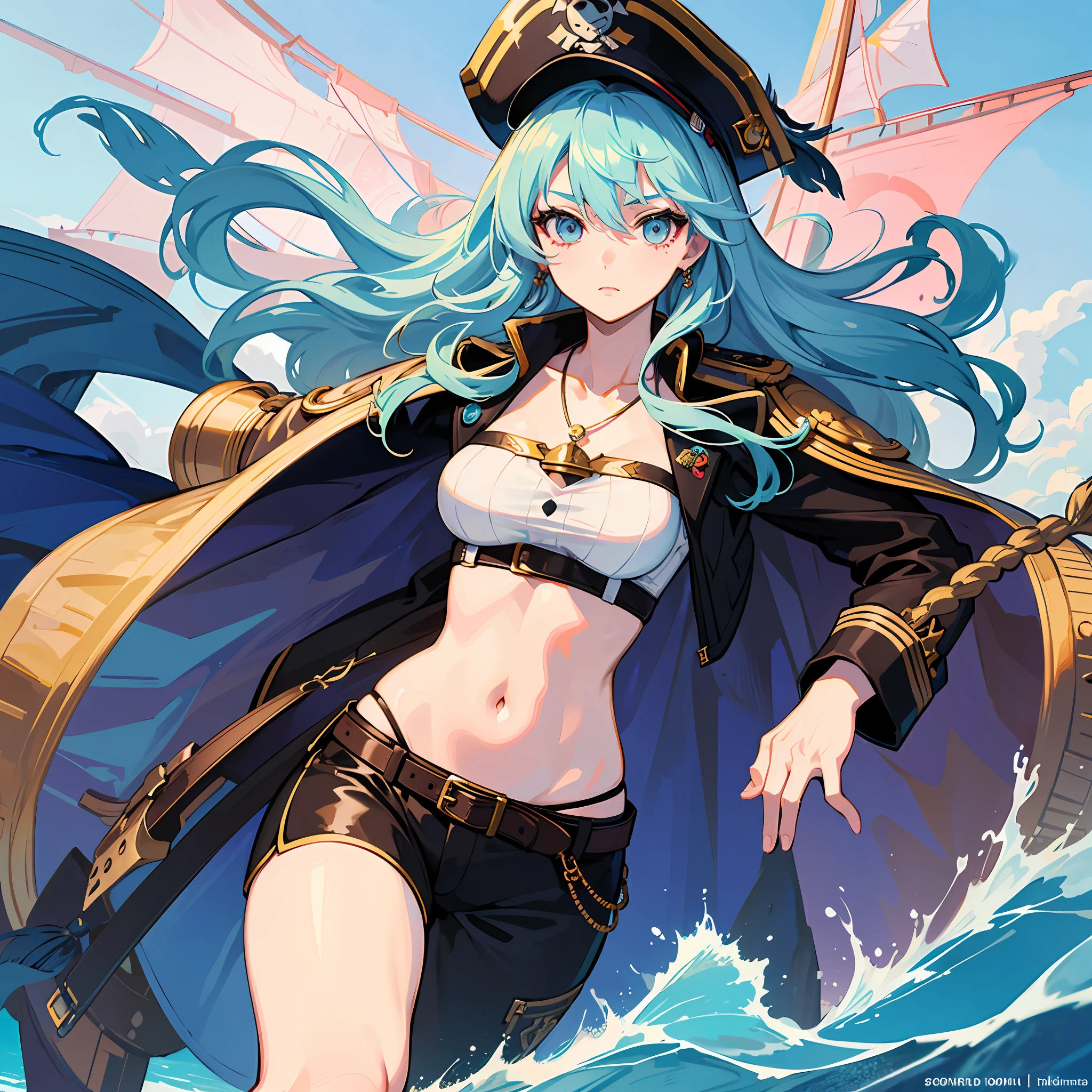 Create a picture of an anime 21 year old female with long, wavy light blue hair. She has a tough and adventurous personality, as if she were a ship captain. The clothing she wears depicts the style of a pirate, with distinctive touches and striking details. Perhaps she wears a hat with feathers, a captain's jacket with collar and ropes, and comfortable yet stylish pants. Include accessories such as belt ropes, a necklace, or appropriate jewelry that fits the theme. Her facial expression can reflect bravery and determination. Give her a pose that showcases strength and leadership. Show the spirit of adventure and a free-spirited nature in the picture you create.