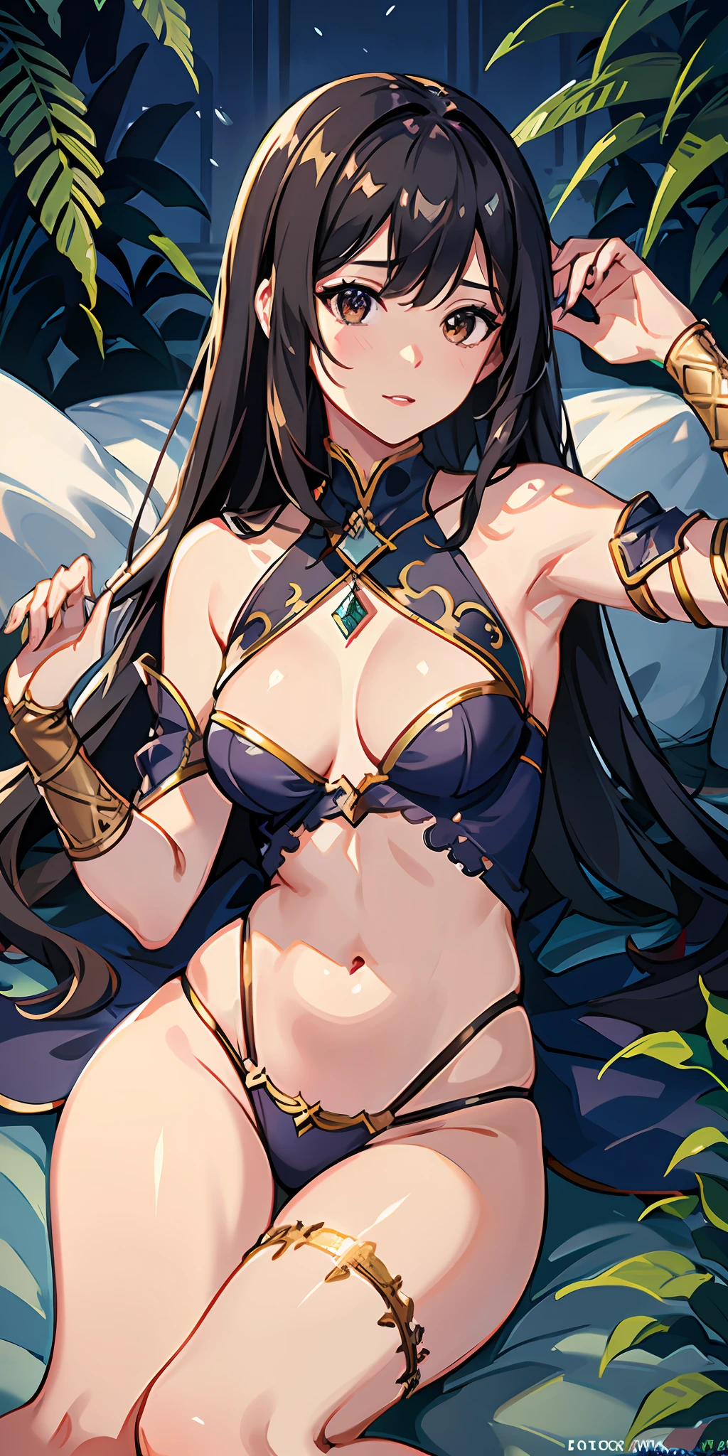 Photorealistic, raw photo, hyper detailed, detailed background, studio lights, chromatic freak, best shadows, solo, 1 woman, an arabian princess, brown skin, brown eyes, wearing sexy Royal BLUE outfit, in palace room, Medieval Arabia, shoulders showing, navel showing, lace, makeup, small tight breasts, flowers, plants, shiny skin, lying in bed, realistic skin texture, HDR, 8K, sharp focus, cinematic