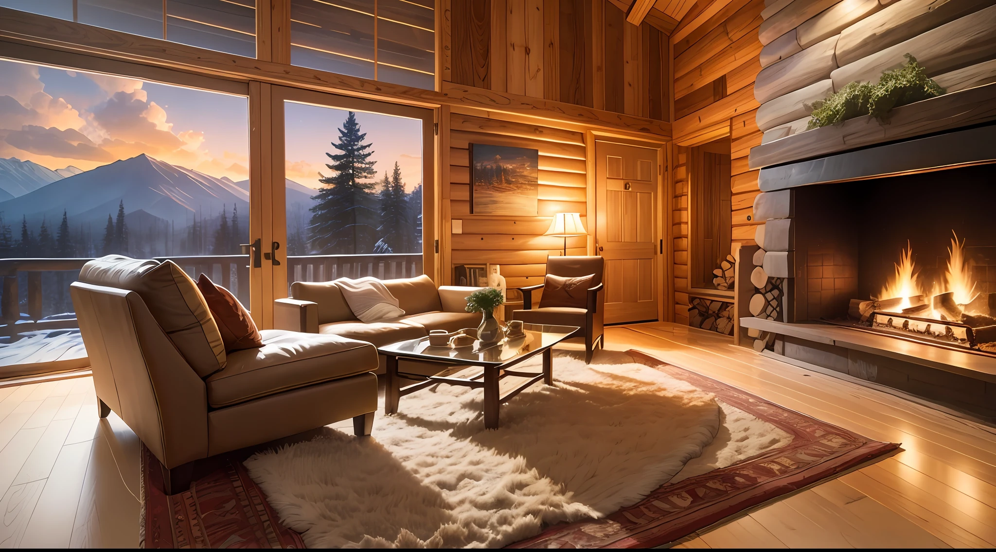 THIS EVENING WOODEN CABIN LIVING ROOM ANIME BACKGROUND, (COZY ATMOSPHERE), (SUBTLE LIGHTING), BRIGHT STONE FIREPLACE FIRE, LIONSKIN RUG THIS EVENING BEST QUALITY, TRANSPARENT GLASS WINDOWS