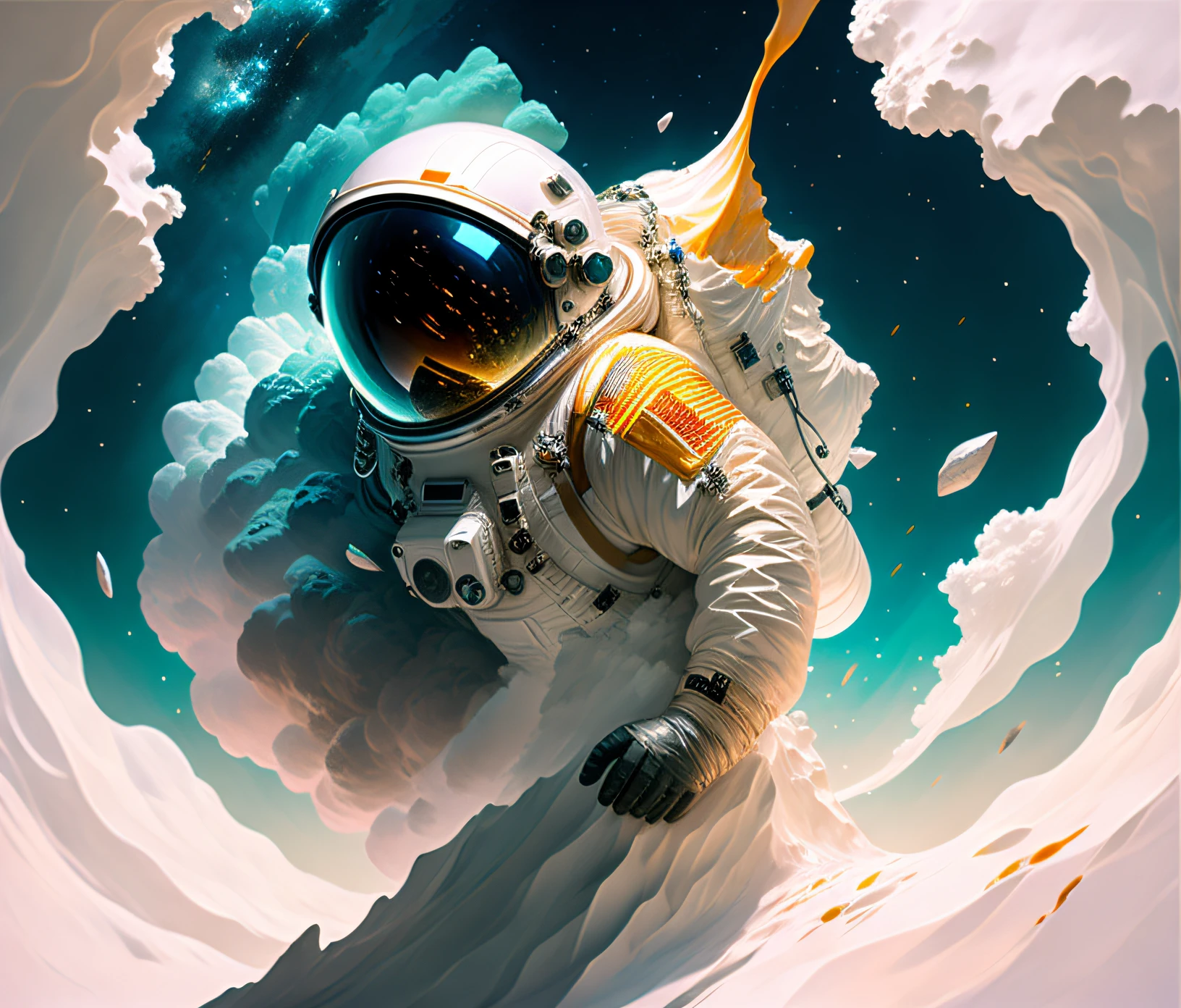 astronaut, climbing the asteroid, character render, ultra high quality model, ethereal background, abstract beauty, explosive volumetric, oil painting, heavy strokes, paint dripping