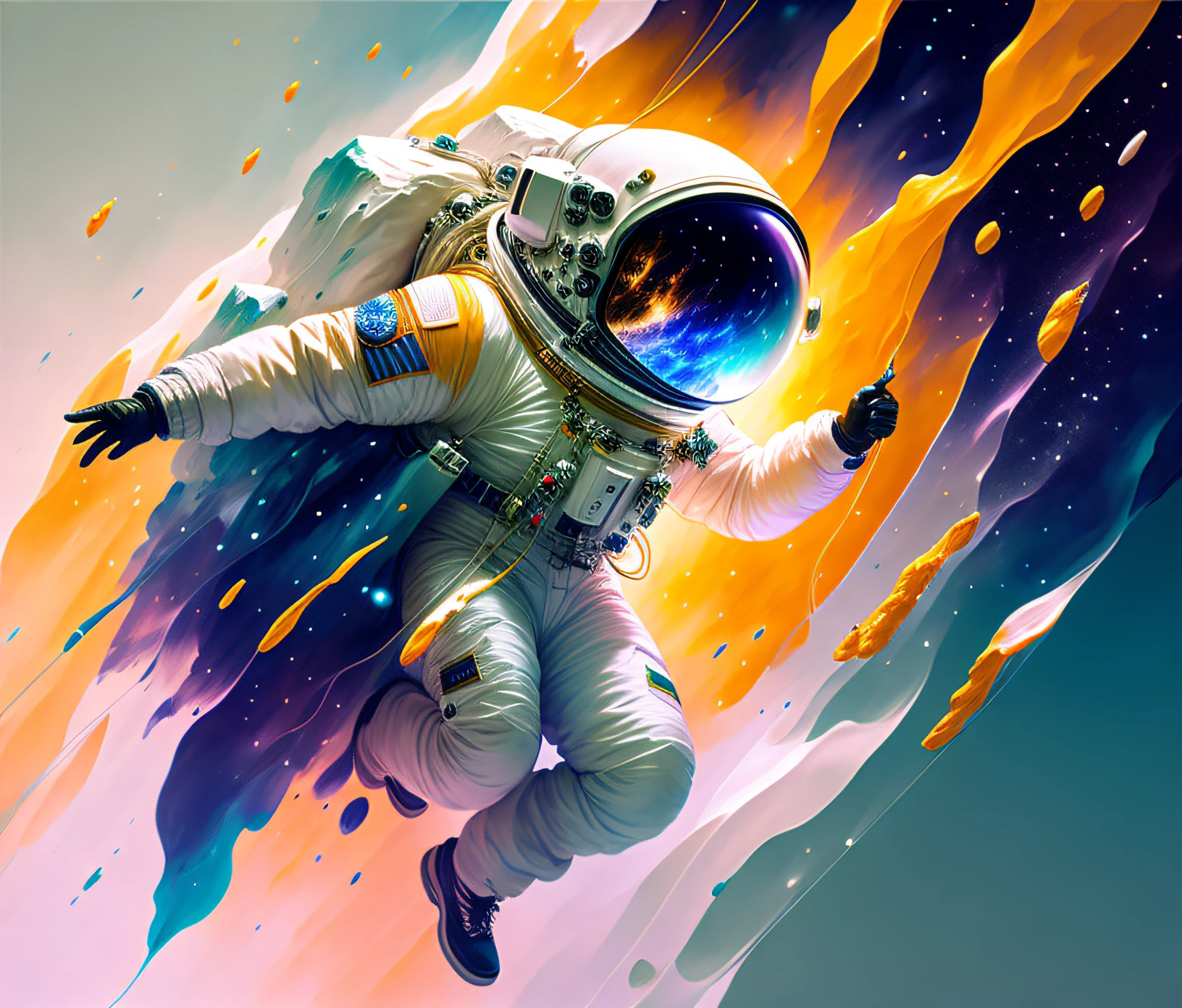 astronaut,  climbing the asteroid,  character render, ultra high quality model, ethereal background, abstract beauty, explosive volumetric, oil painting, heavy strokes, paint dripping