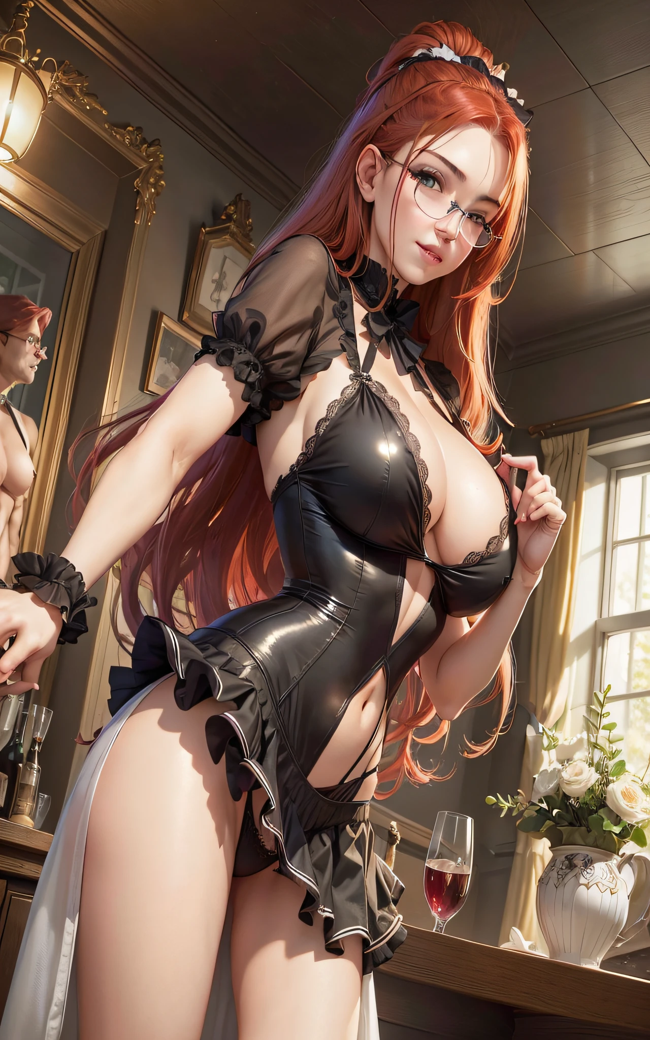 Two people in the scenes, half-rabbit girl, maid's uniform, extremely short skirt, wearing thin-framed round glasses, red hair and a strong man, wearing a suit, hugging the woman from behind and groping her breasts hard, fingers squeezing her breasts hard, between her fingers, (large breasts, big neckline, 18-year-old girl,  gorgeous, northern European girl face)), ((large breasts, large cleavage showing a nipple, black and transparent panties, crotch showing)). Full body image. Photorealistic face, realistic eyes, smile. In the background bar type English Pub,(high resolution:1.0), beautiful lighting, perfect lighting, realistic shadows, [highres], detailed skin, ultra-detailed, legs open, forward bent position, thighs, (beautiful long red hair), soft navel, soft belly, soft back, top angle, blush, photorealistic, realistic face, realistic eyes, malicious smile ((realistic style))) ((neckline))), (eyeliner), (mascara). Negative prompts --auto --s2