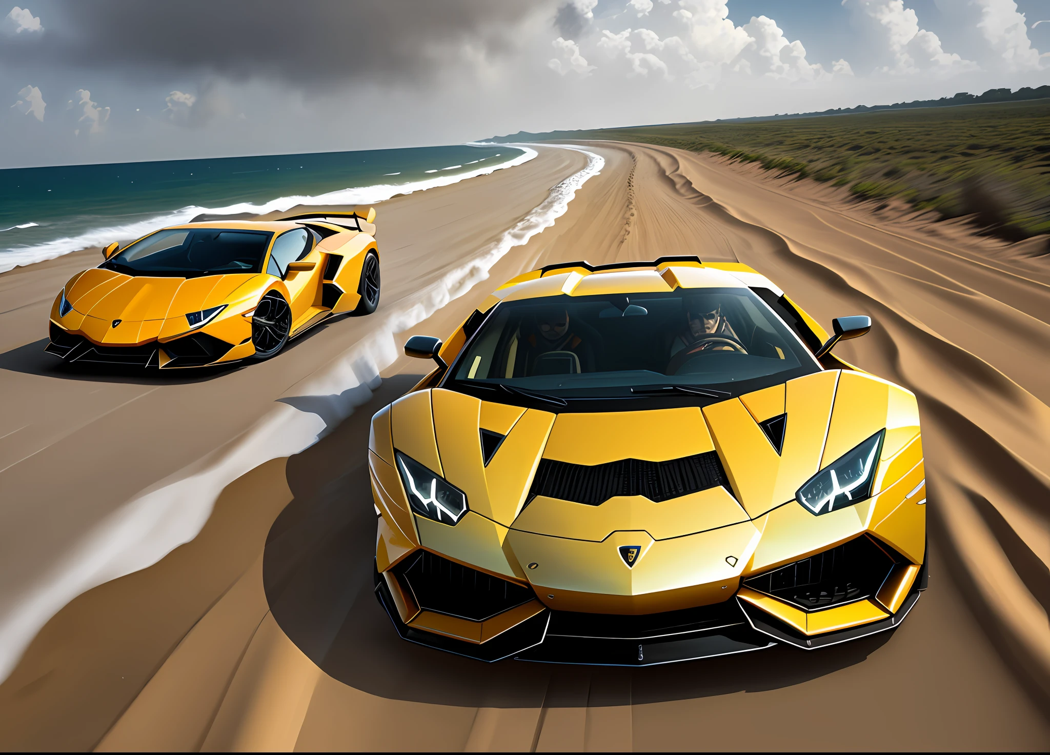 A Lamborghini on a sand road running from a hurricane
