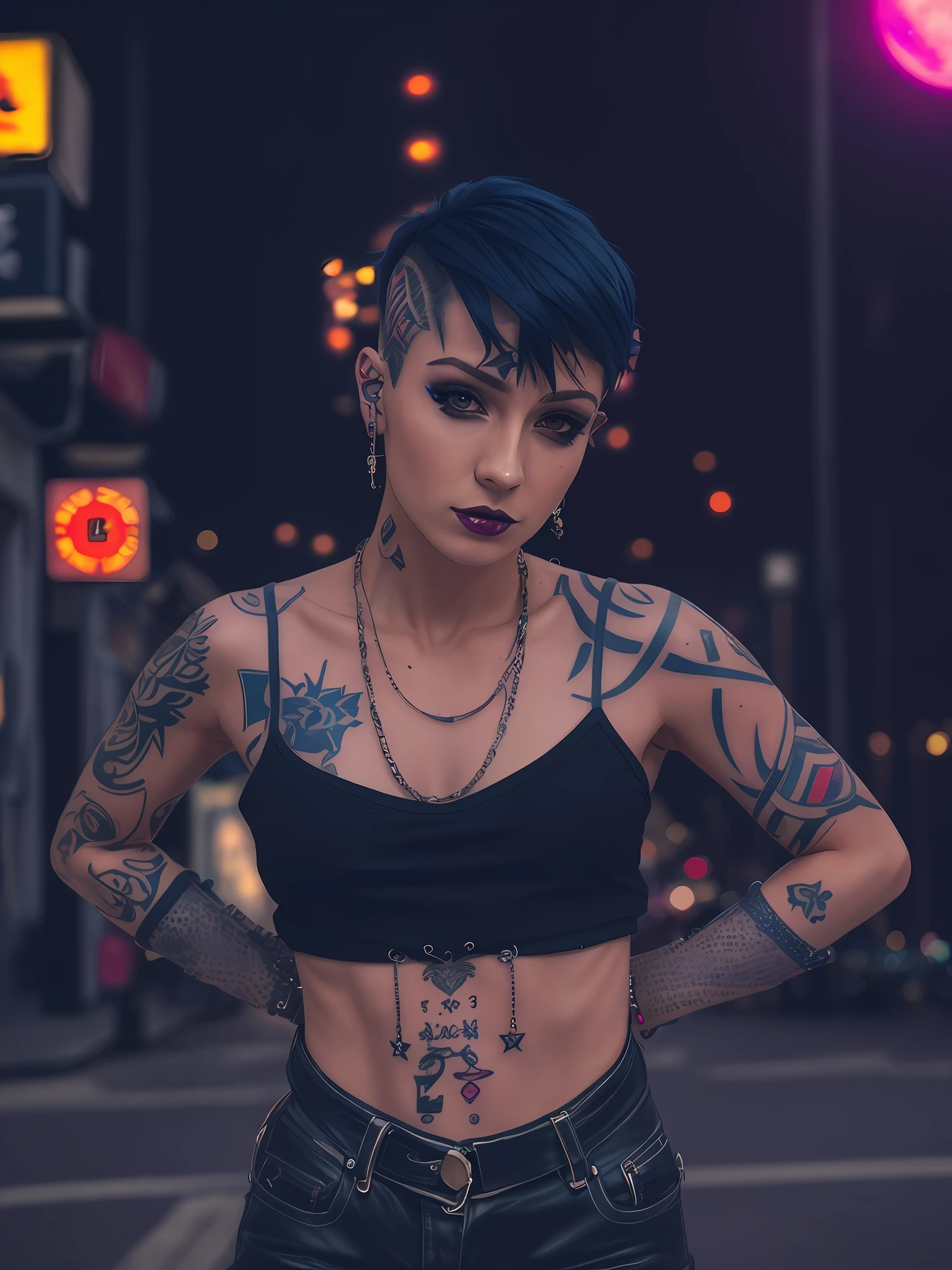 woman with tattoos on arms and chest, HD image, anime version, wearing a punk outfit, wearing piercings, with tattoos, androgynous, portrait of androgynous girl, portrait from waist up, large earrings, beautiful female, goth girl, toned, landscape, streets, buildings, night, moon, arcade