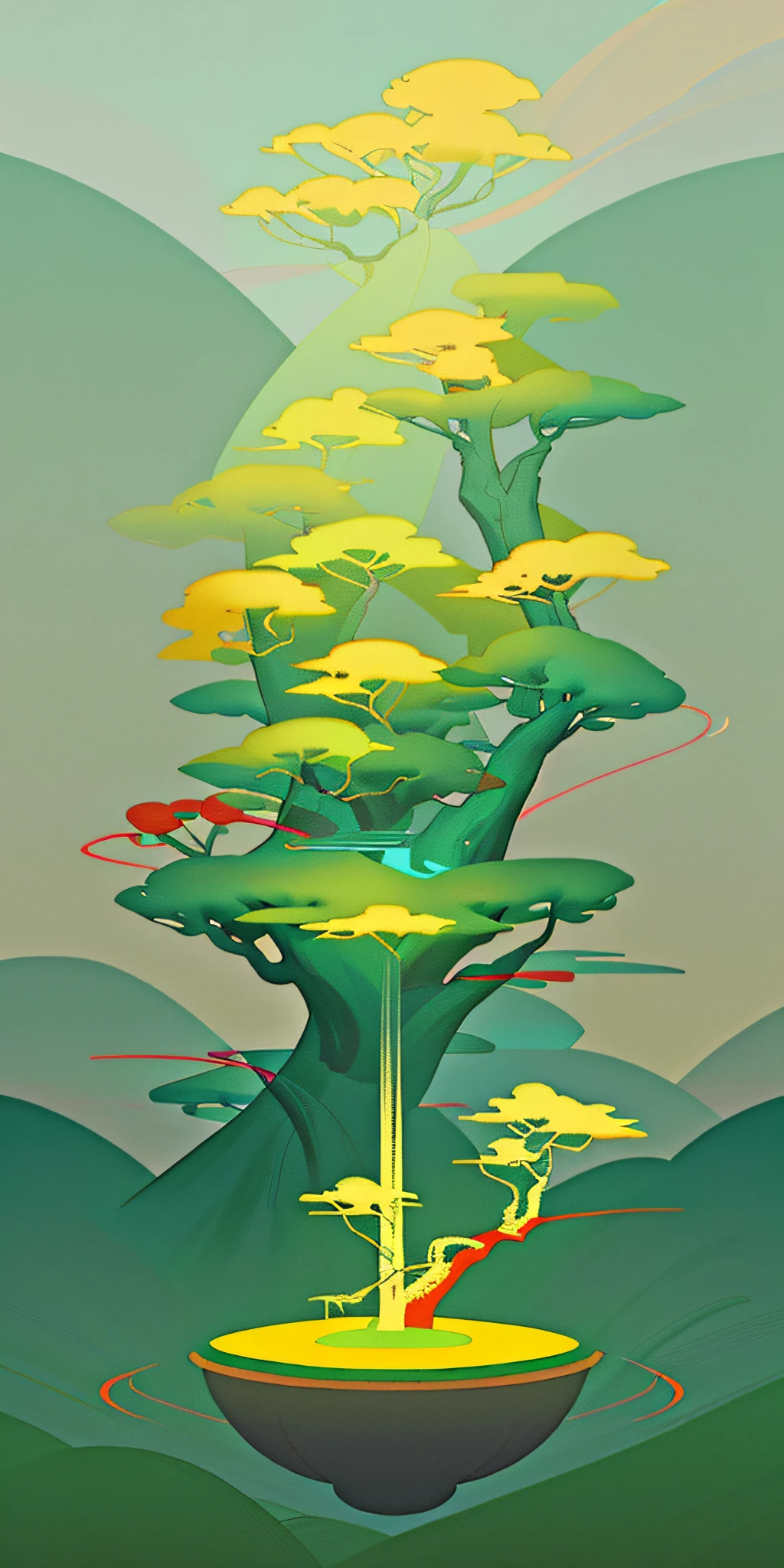(Chinese landscape), abstract painting, (Zen, Amy Sol style), (Green trees, flowers, Chinese style architecture), cover art with light abstraction, simple vector art, contemporary Chinese art, color gradients, soft color palettes, layered forms, whimsical animation, style Ethereal abstract, 4K, --v6