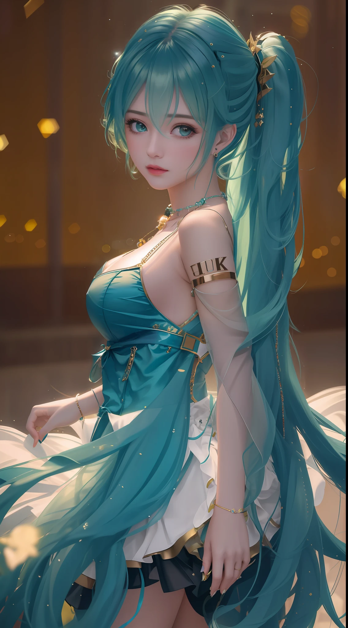 best quality, masterpiece, high_res, 1girl, hair ornament, necklace, jewelry, Beautiful face, upon body, tyndall effect, photo realistic, dark studio, rim lighting, two tone lighting, (high detailed skin:1.2), 8k uhd, dslr, soft lighting, high quality, volumetric lighting, candid, Photograph, high resolution, 4k, 8k, Bokeh, realistic big breasts, open fingers, (hair color:tosca green:1)