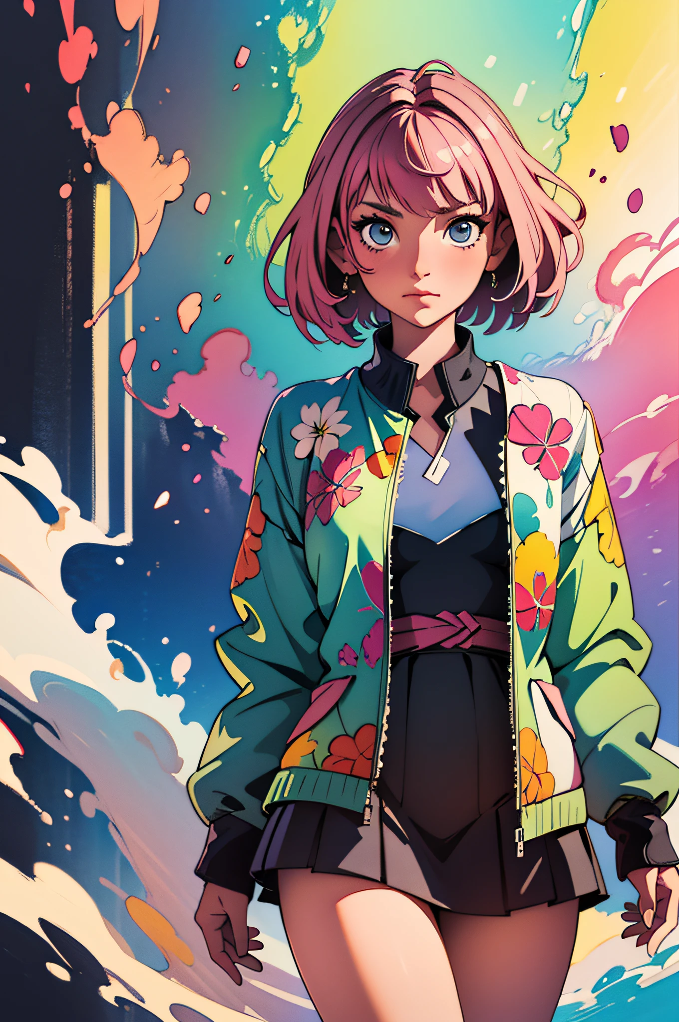 (1girl), (masterpiece:1.3), top quality, vibrant painting, movie light effect, splashes jumped on canvas, watercolor, graphite, magnificent art, 8k UHD, (HDR+), 0.4], colorful short hair (painted+well drawn), wearing magnificent expensive designer clothes.