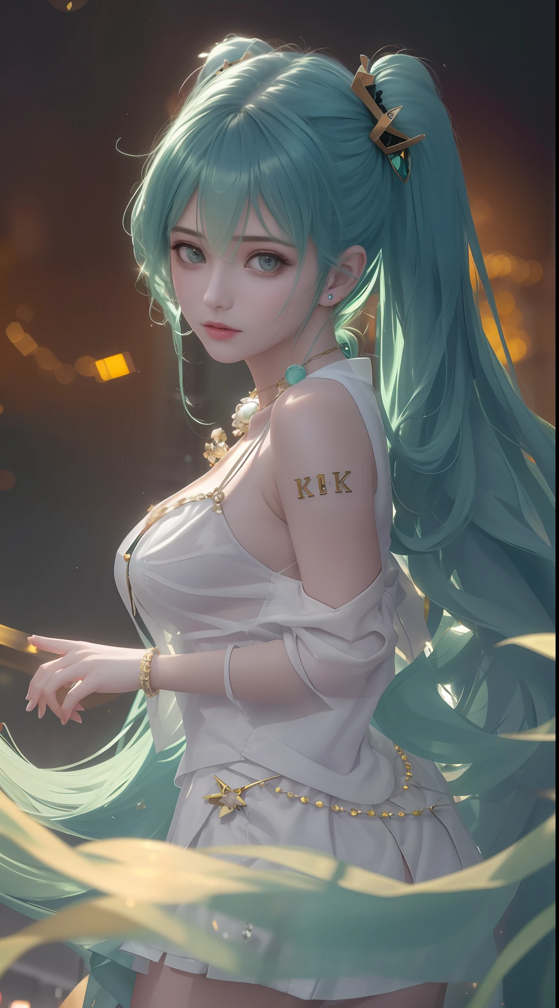 best quality, masterpiece, high_res, 1girl, hair ornament, necklace, jewelry, Beautiful face, upon body, tyndall effect, photo realistic, dark studio, rim lighting, two tone lighting, (high detailed skin:1.2), 8k uhd, dslr, soft lighting, high quality, volumetric lighting, candid, Photograph, high resolution, 4k, 8k, Bokeh, realistic big breasts, open fingers, (hair color:tosca green:1)