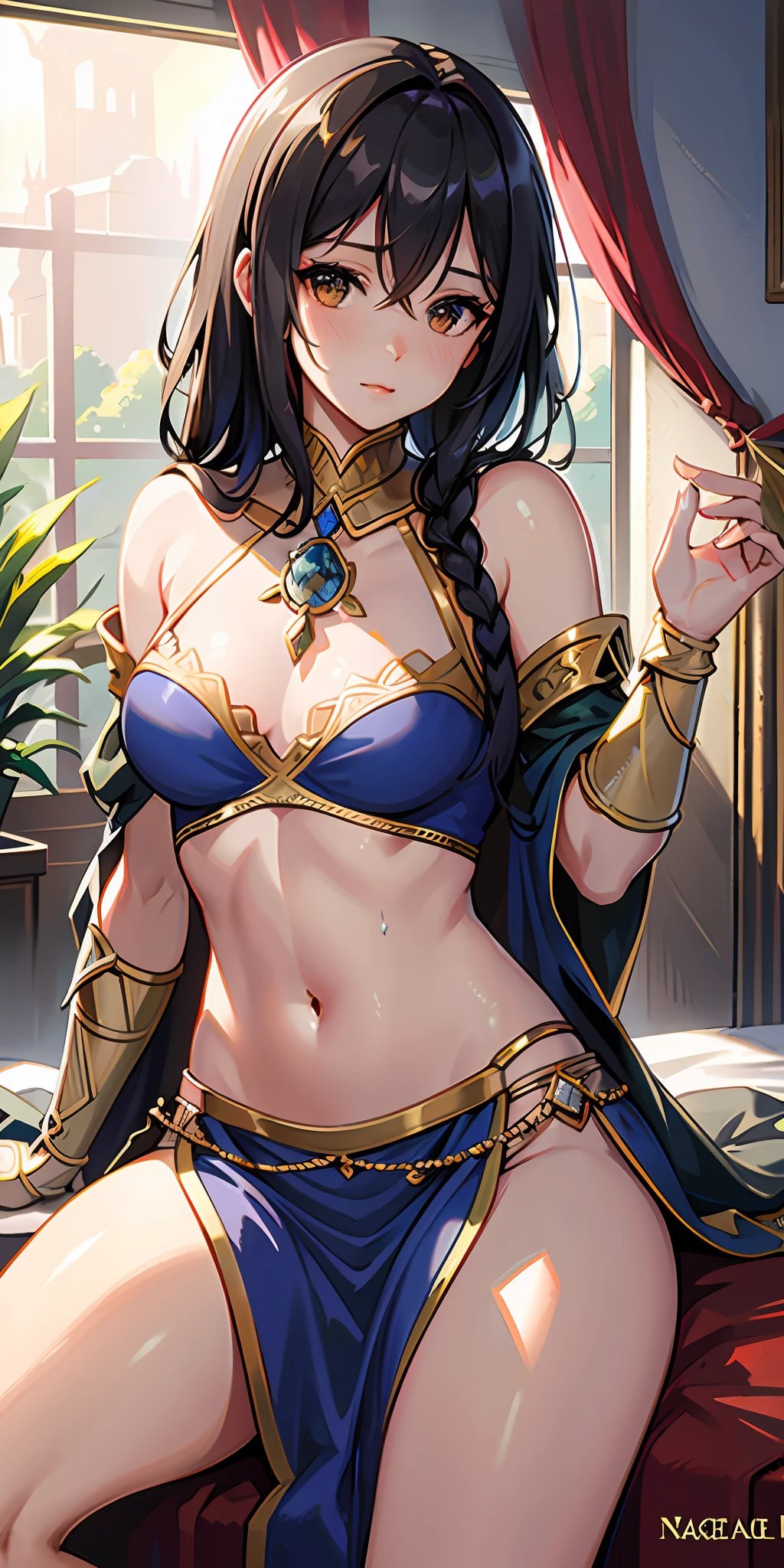 Photorealistic, raw photo, hyper detailed, detailed background, studio lights, chromatic freak, best shadows, solo, 1 woman, an arabian princess, brown skin, brown eyes, wearing sexy Royal BLUE outfit, in palace room, Medieval Arabia, shoulders showing, navel showing, lace, makeup, small tight breasts, flowers, plants, shiny skin, lying in bed, realistic skin texture, HDR,  8K, sharp focus, cinematic
