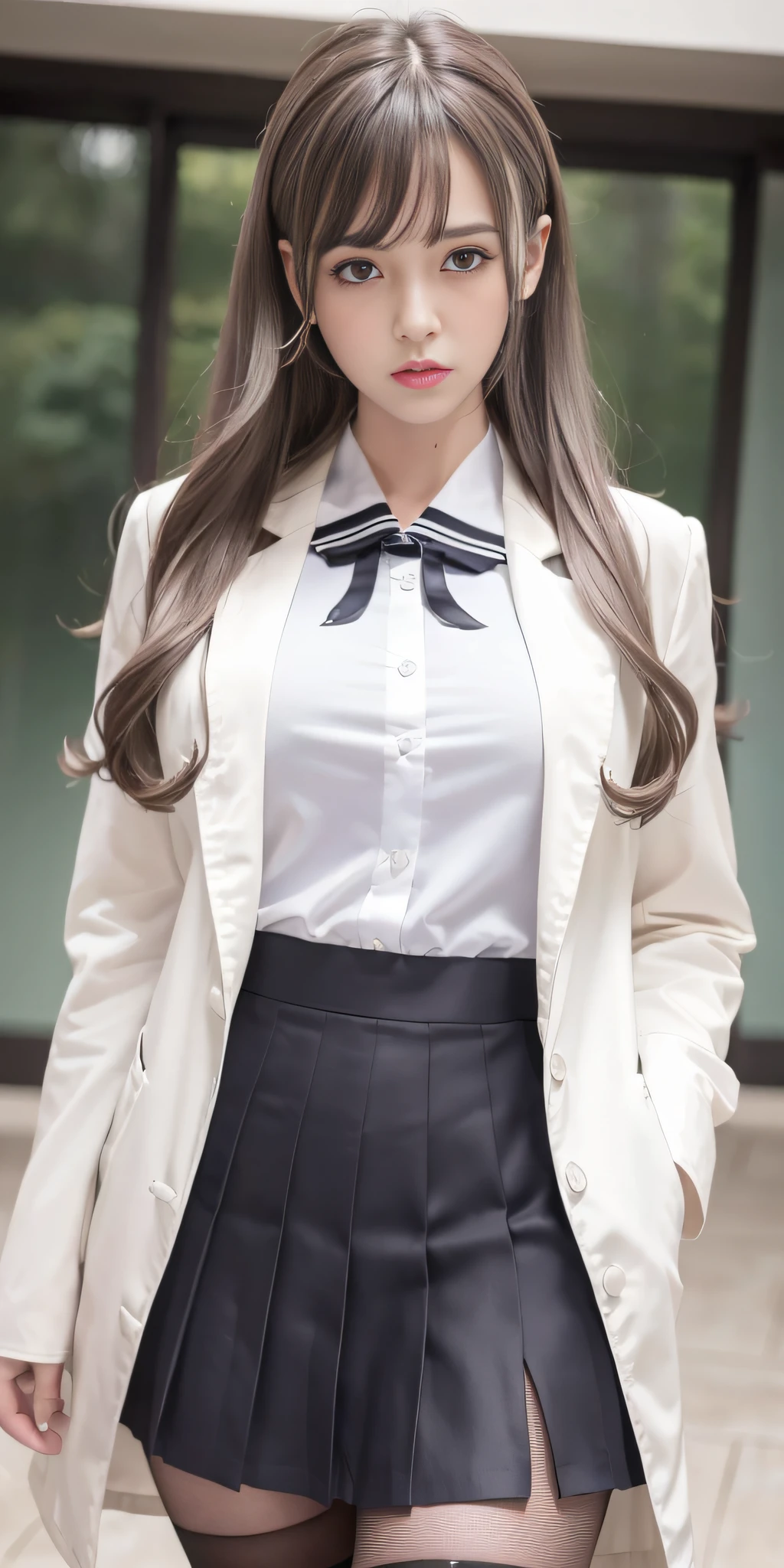 ((half white lab coat outside)),(sailor collar school uniform),shirt, pleated skirt,(black pantyhose),[:(detailed face:1.2):0.2], raw photo, (masterpiece), (best quality), highres, (realistic, photo-realistic:1.2), ultra detailed, physically-based rendering, 1girl, air bangs, long hair, (silvery hair), wavy hair,