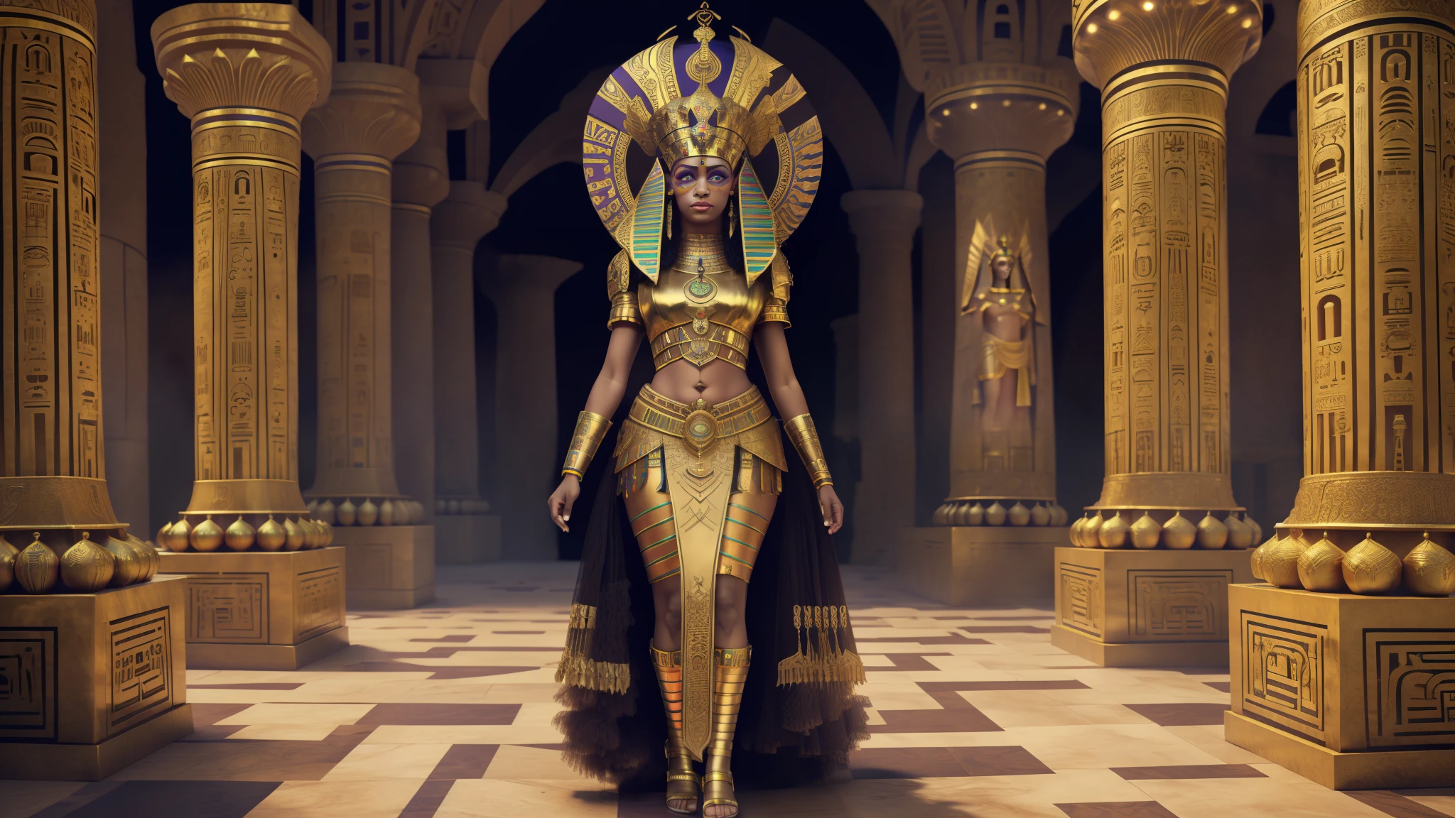 Afro queen cleopatra and egyptian crown, with the egic empire background several egicipian gods walking behind, intricate, Chav, Glowwave, full body shot, 3D modeling, Motion blur, sprite sheet, autochrome colors, Medicalcore, Split lighting, 8-bit --auto --s2