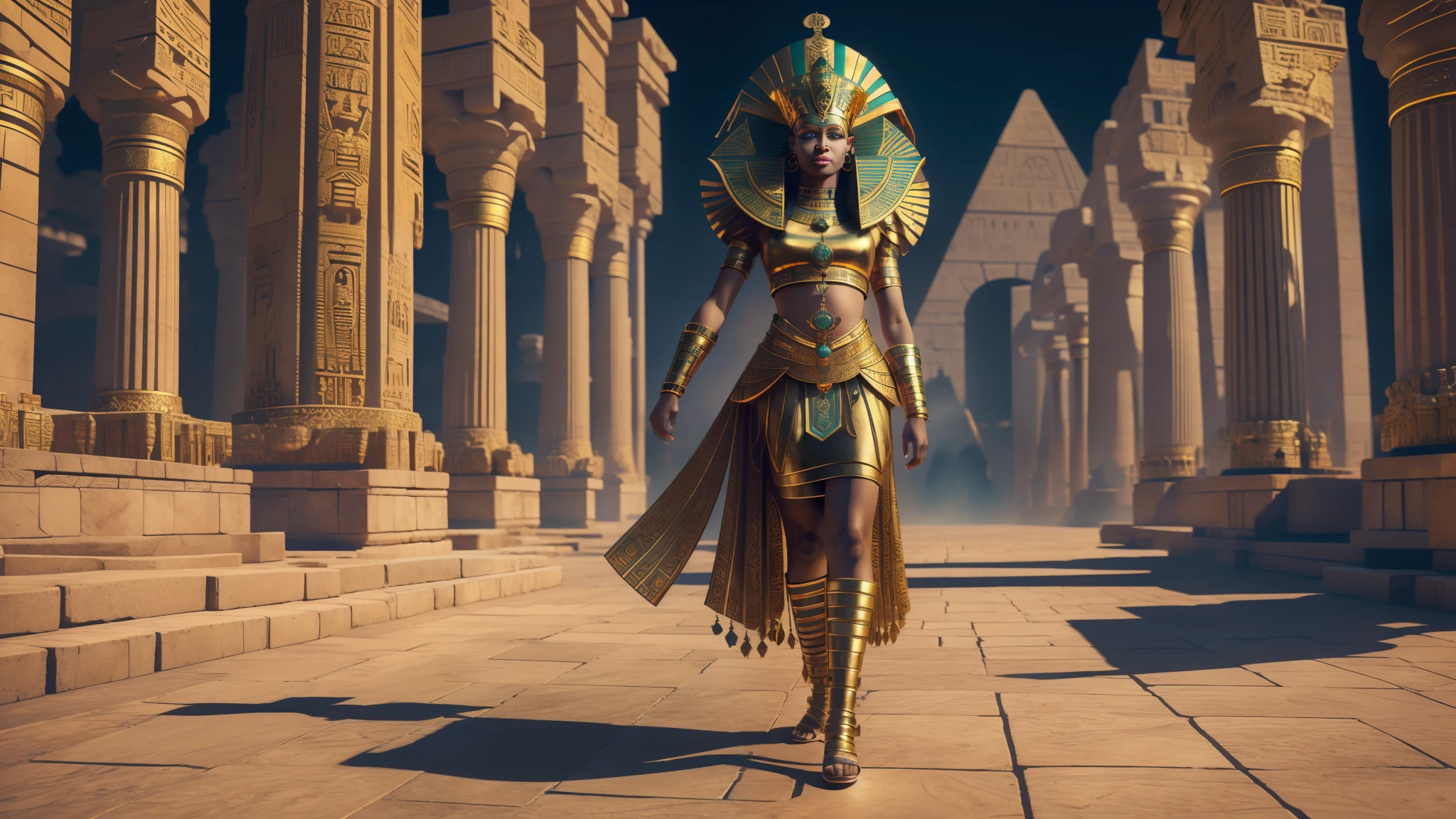 Afro queen cleopatra and egyptian crown, with the egic empire background several egicipian gods walking behind, intricate, Chav, Glowwave, full body shot, 3D modeling, Motion blur, sprite sheet, autochrome colors, Medicalcore, Split lighting, 8-bit --auto --s2