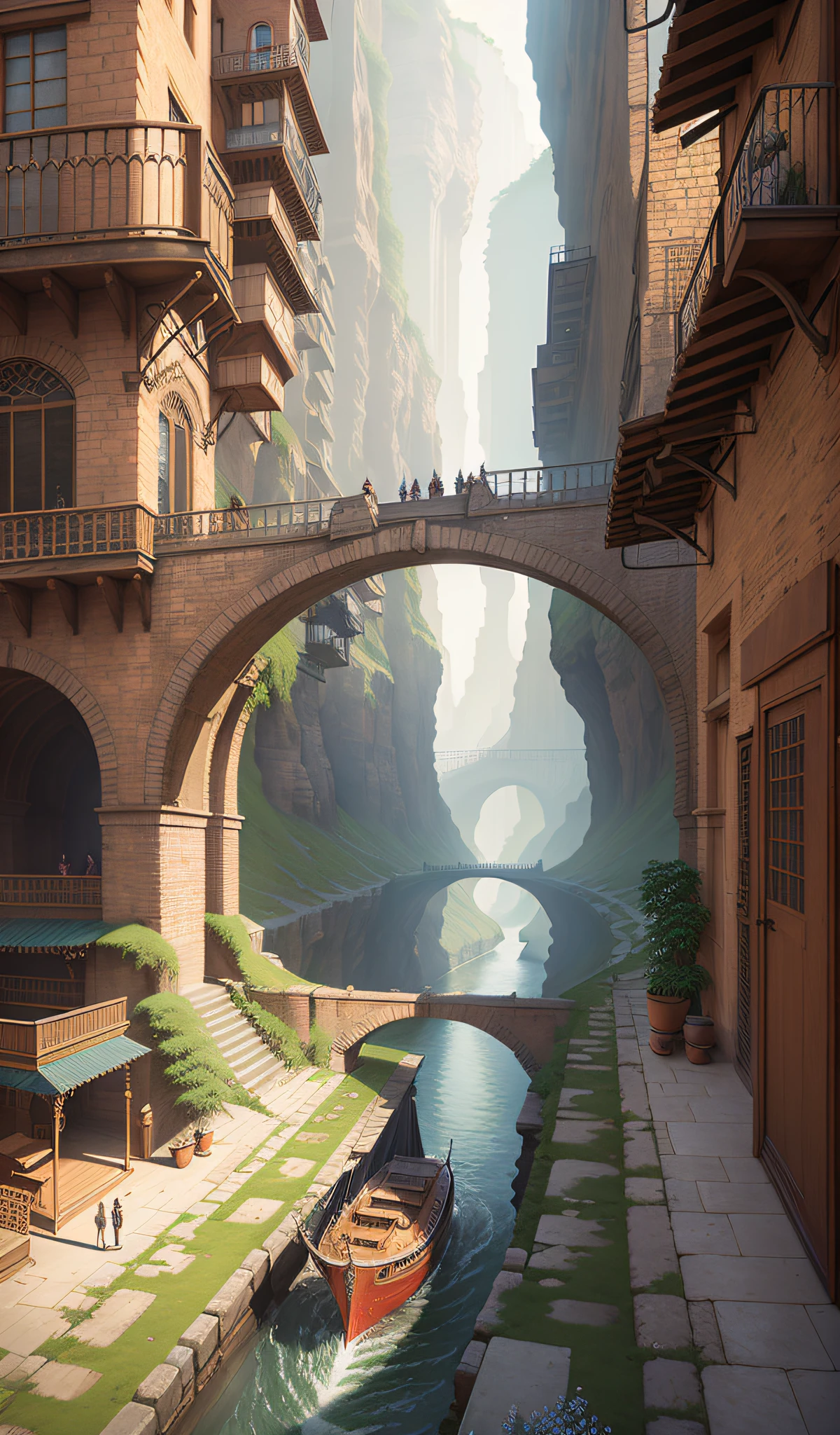 ((masterpiece)),((best quality)),((high detial)),((realistic,)) Industrial age city, deep canyons in the middle, architectural streets, bazaars, Bridges, rainy days, steampunk, European architecture