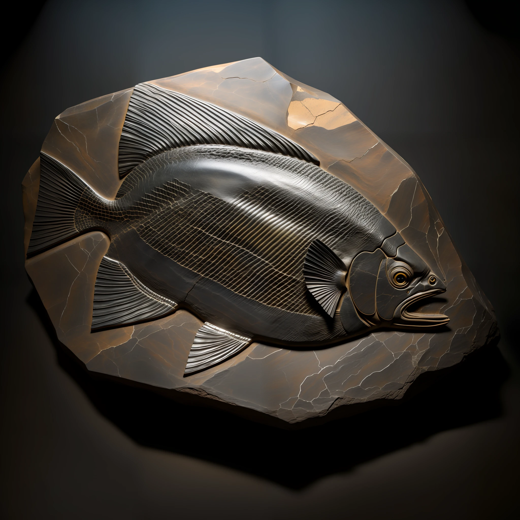 stone fossil fish, large ancient rock, highly detailed, 8k resolution, raytracing, soft light, digital paint, sharp focus, ice age